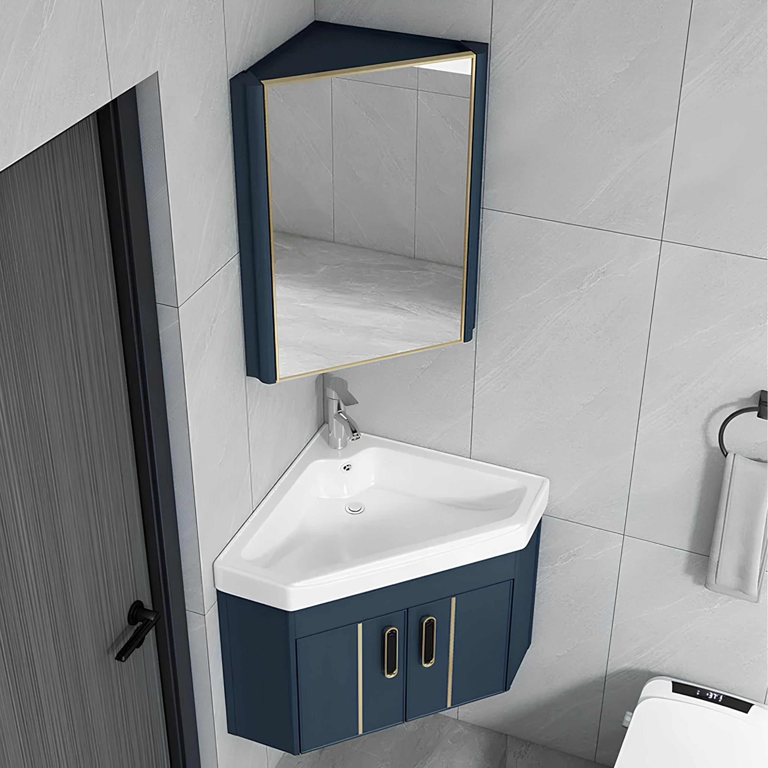 SGKOMN Corner Bathroom Vanity with Ceramic Sink & Mirror Cabinet, Wall Mounted Bathroom Vanity Sink Set for Small Space, Laundry Room, Balcony, Blue-56 * 56cm