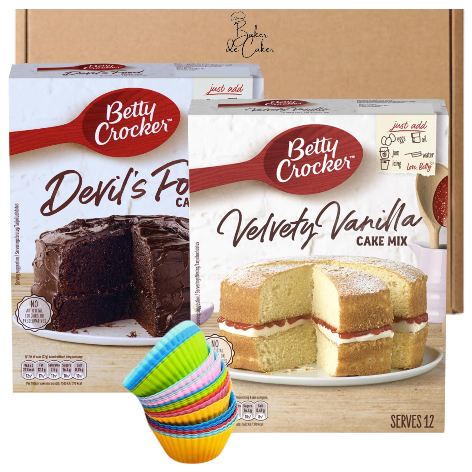 Instant Baking Bundle with Betty Crocker Chocolate & Vanilla Cake Mixes (425g Each) & 24 Silicone Cupcake Moulds
