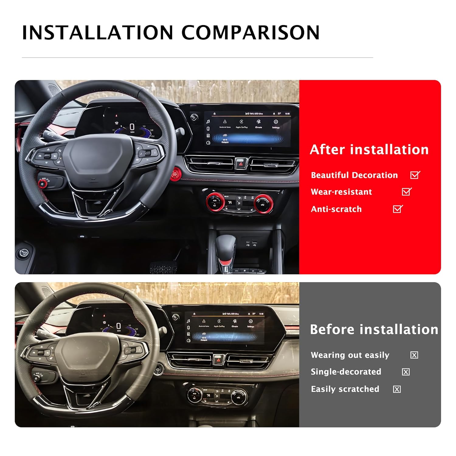 Polodunn for 2020-2025 2026 Chevrolet Trailblazer Accessories & 2024-2025 2026 Chevy Trax Accessories, 5pcs Aluminum Alloy Knob Covers Trim Set - Air Conditioning, Headlight & Push Start (Red)
