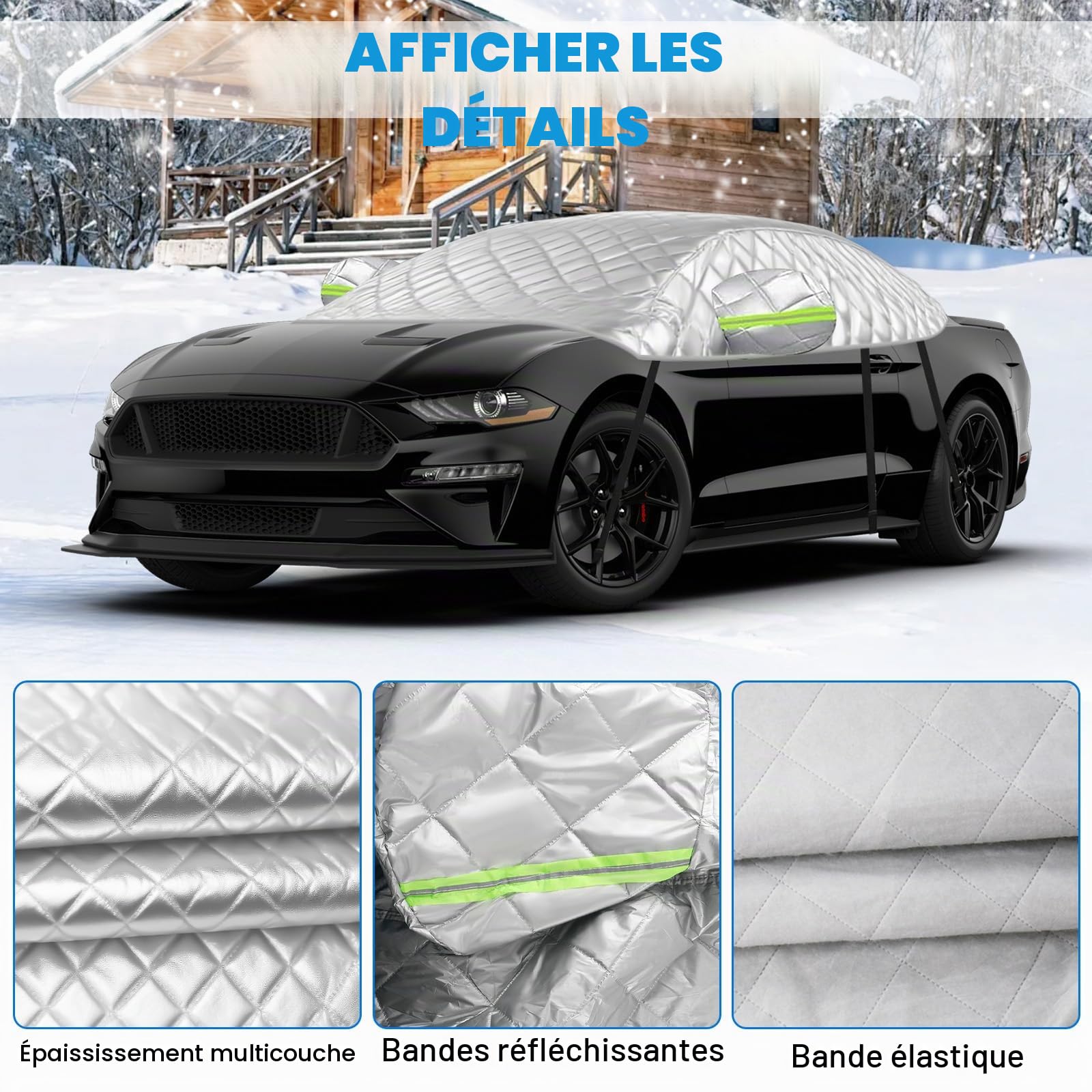 Demi-Housse de Voiture pour 2005-2023 Ford Mustang S197 S550 S650 | 6 Couches, avec Crochets, Bande Réfléchissante et Capuchons D'oreilles, Contre Neige Glace et Givre