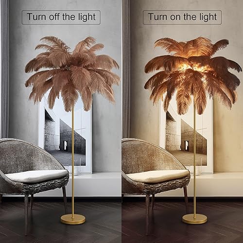 Miniatura 4 de Lámpara de pie de plumas de avestruz natural, lámpara de pie de plumas doradas para decoración de sala de estar, lámpara de pie de esquina con