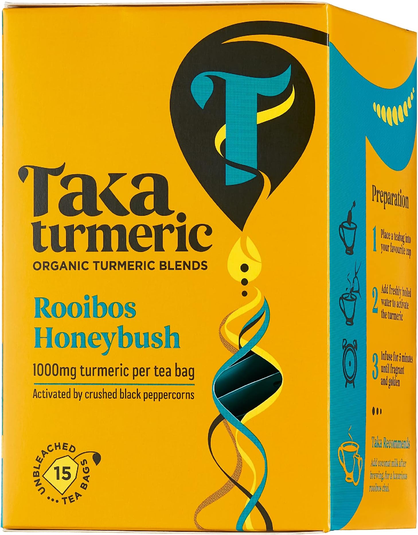 Taka Turmeric, Tea Bags with Turmeric & Black Peppercorns, Caffeine Free Detox Tea, No Added Flavourings, Recyclable Packaging (Coconut, Turmeric Rooibos Honeybush)