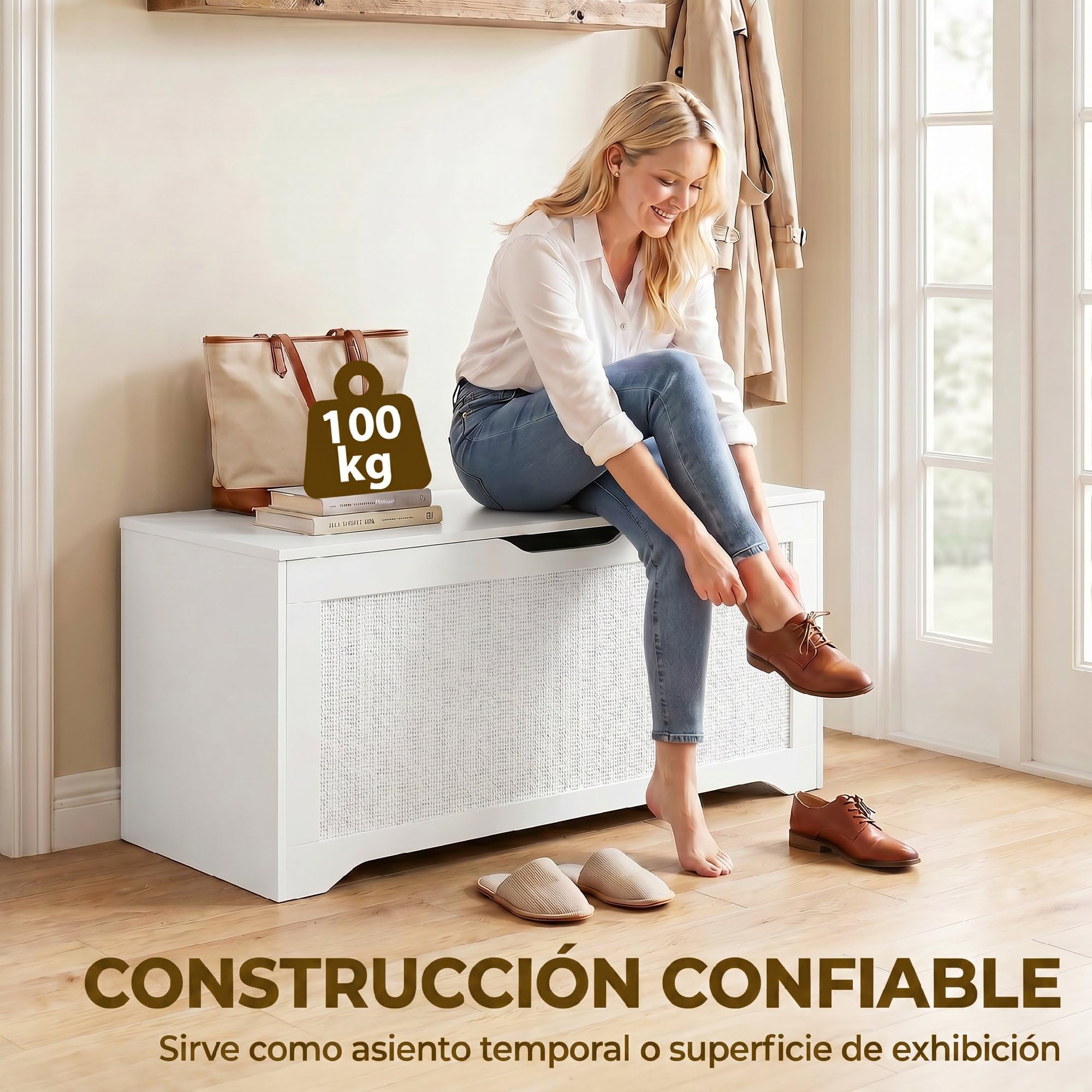 HOMCOM Baúl de Almacenaje 136L Banco de Almacenaje 100x40x45 cm Blanco | Panel de Ratán, Tapa Elevable, Brazos de Soporte, Diseño Sin Tiradores, para Recibidor, Pasillo, Dormitorio, Salón