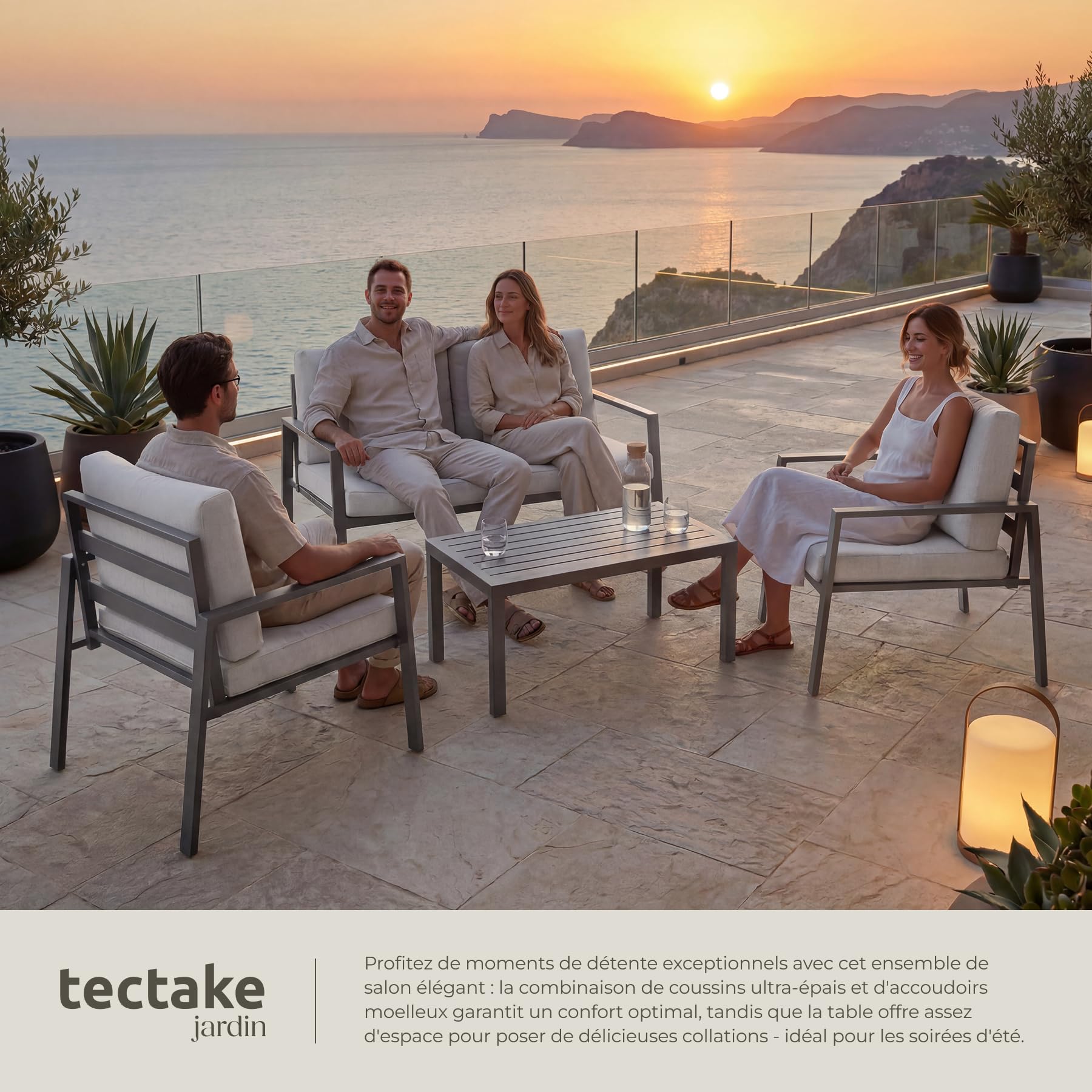 tectake® Ensemble Salon de Jardin Exterieur 4 Personnes en Aluminium Canapé 2 Places 2 Fauteuil Salon et 1 Table de Jardin, Coussins Inclus, Mobilier de Jardin Amenagement Balcon Terrasse Veranda