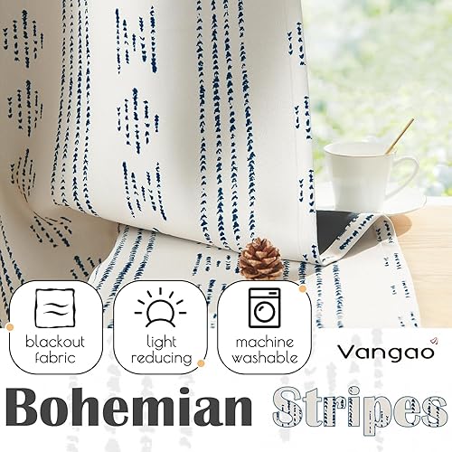 Miniatura 5 de Vangao Cortinas opacas bohemias de 63 pulgadas de largo para dormitorio, sala de estar, estampado geométrico, oscurecimiento de la habitación, con