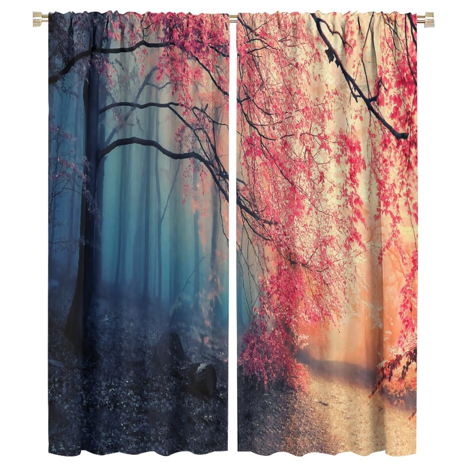 JESTRONRY Forest Kitchen Curtains,Misty Forest Landscape Print Pattern Blackout Window Door Curtains for Bedroom Living Room Home Decor,2 Panel Set W42xL54in