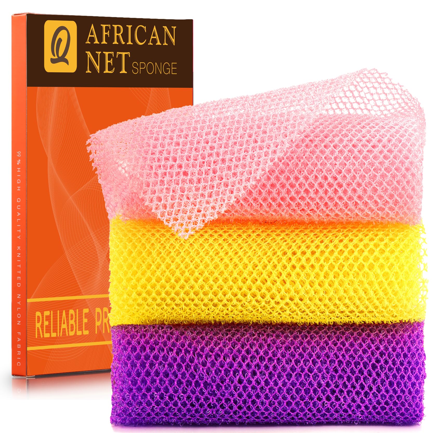 UJFQBH 3 Pieces African Bath Sponge African Net Long Net Bath Sponge Exfoliating Shower Body Scrubber Back Scrubber Skin Smoother,Great For Daily Use(Blue,Black,Off-White)