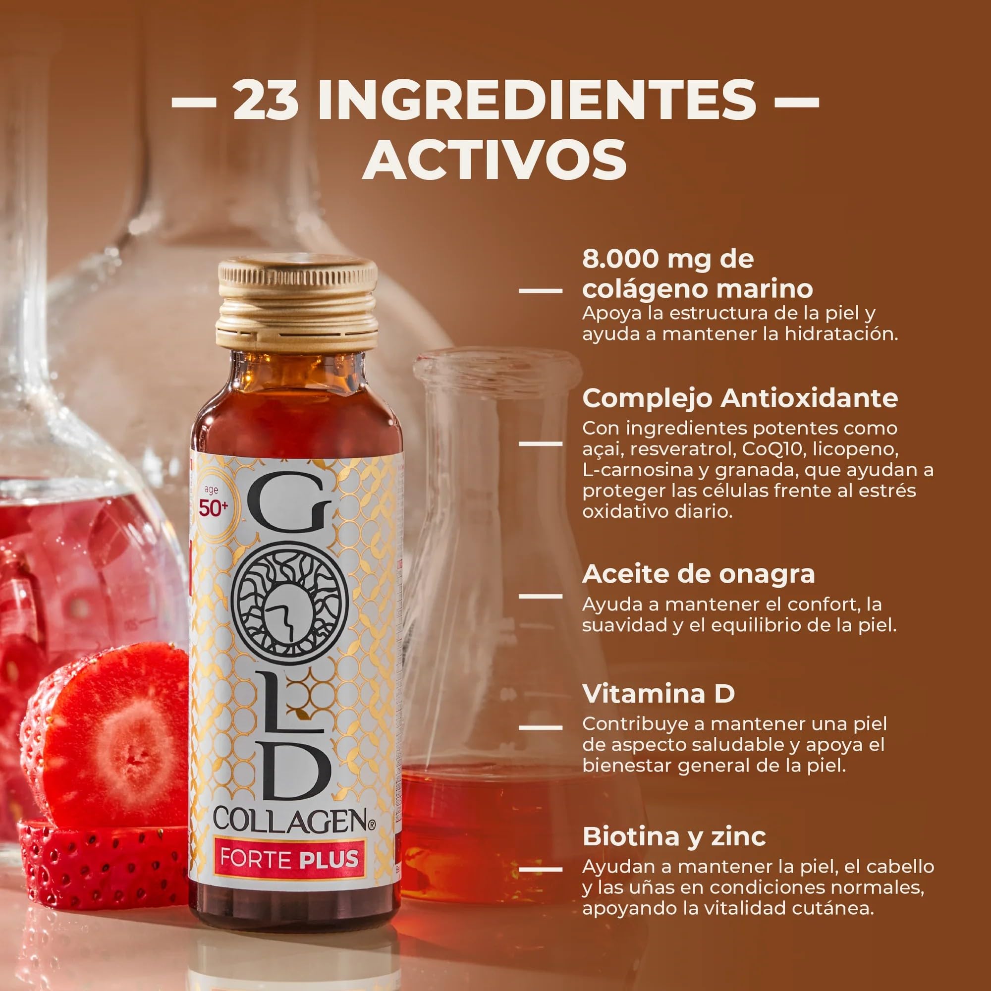 GOLD COLLAGEN New Forte Plus - Complemento con 8g de Colágeno Marino Hidrolizado y Biotina para el Cabello para Piel y Sistema Inmunitario, Vitamina C y Ácido Hialurónico, 1 Caja x 10 Botellitas 50 ml
