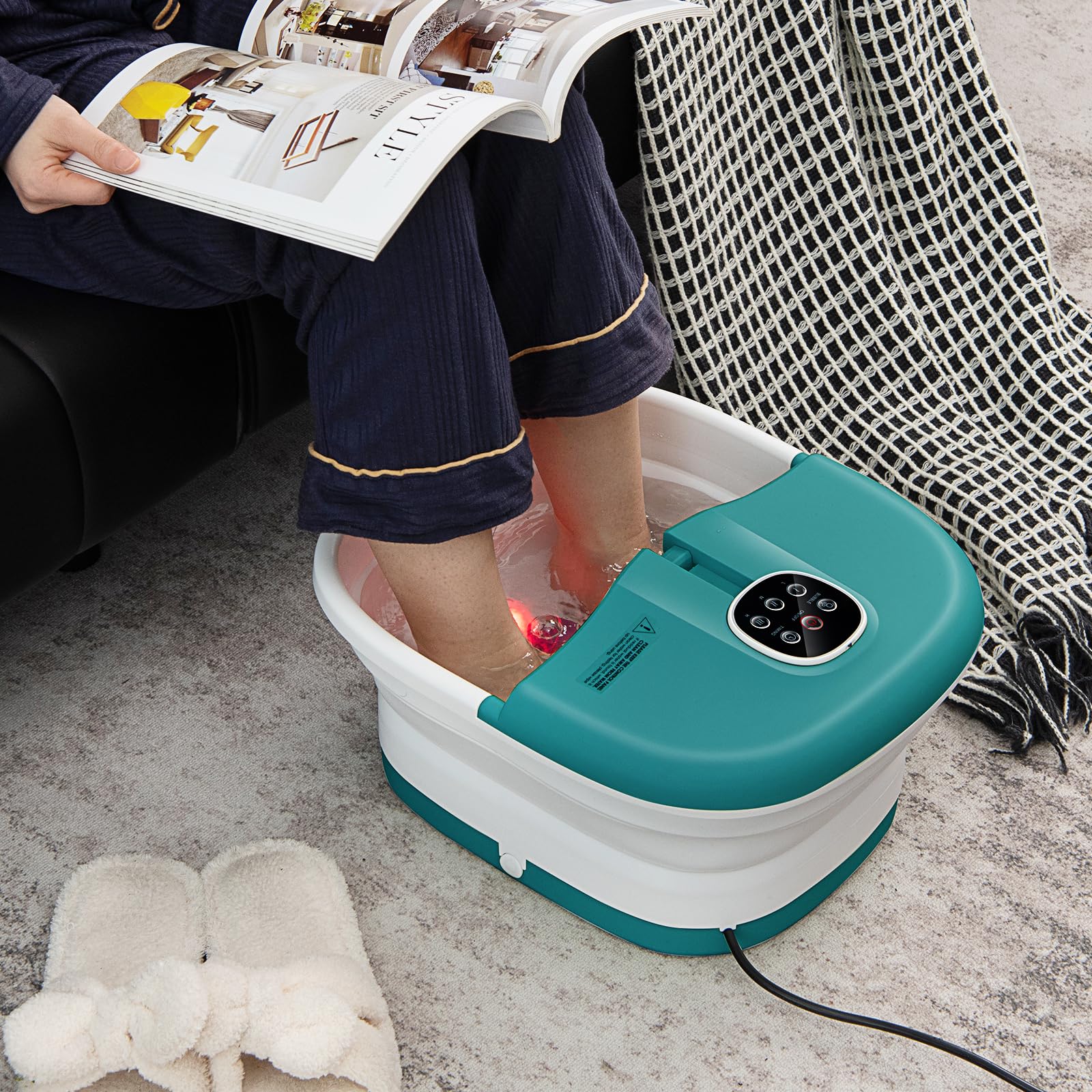 HOMASIS 500W Fußbad mit Massage & Heizung, faltbares Fußmassagegerät Fußsprudelbad mit Massagerollen, Bimssteinen, Elektrisches Fussbad 41/43/45°C, Fußbadewanne Timer 20/60 Minuten (Türkis)