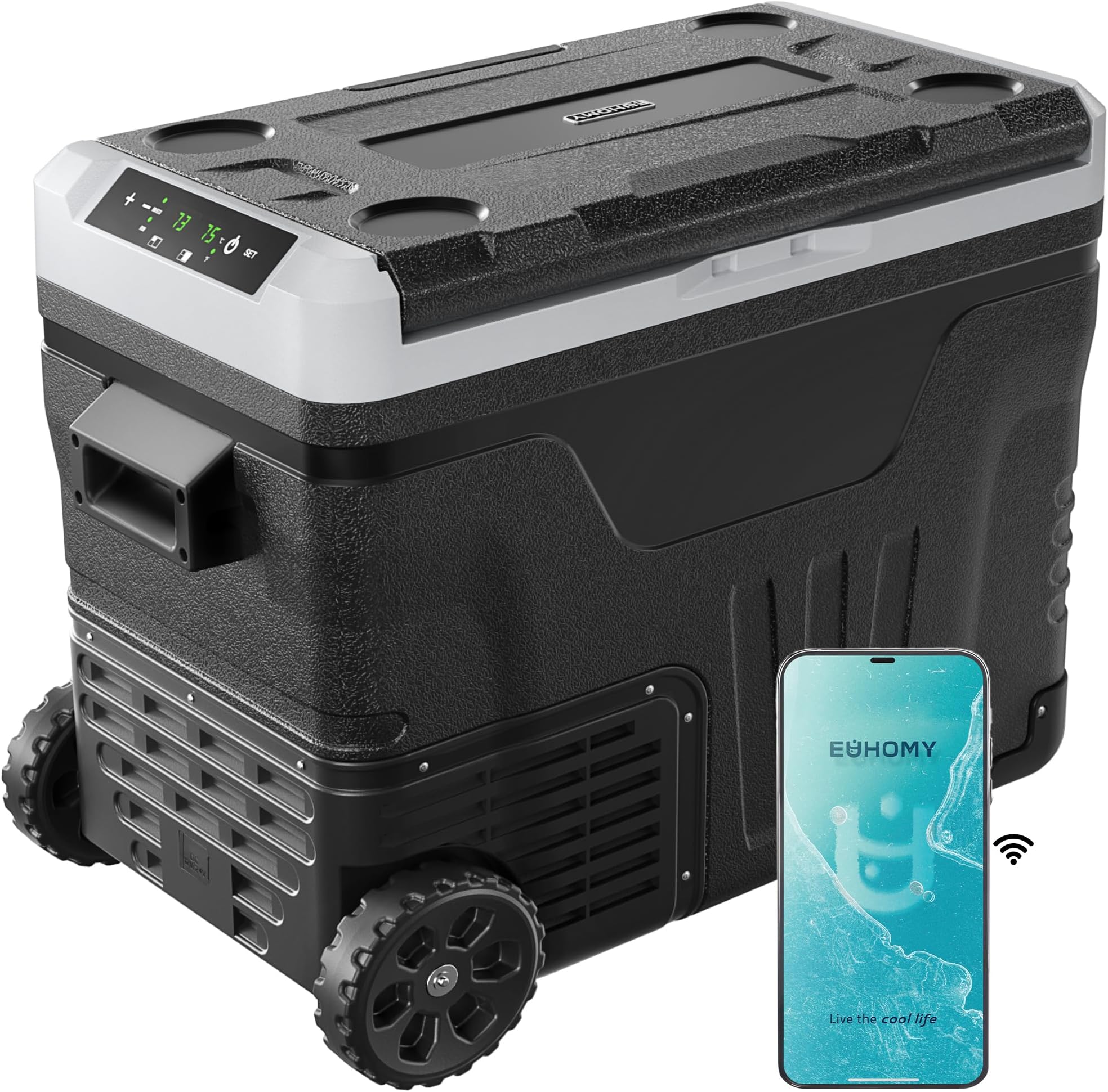 EUHOMY 12 Volt Refrigerator, 47QT(45L) Dual Zone Electric Cooler, Portable Freezer 12V/24V DC 110-240V AC, 12V Fridge -4℉~68℉, 12V Cooler with Wheels & Basket for Travel, Truck, Camping, Boat