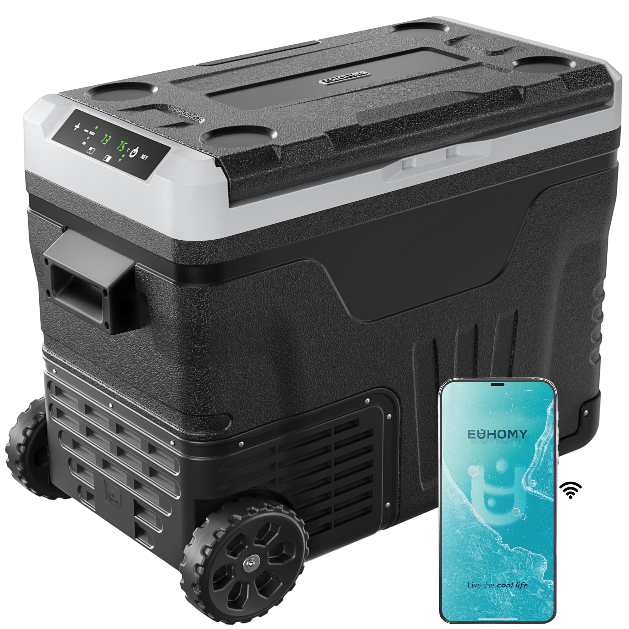 EUHOMY 12 Volt Refrigerator, 47QT(45L) Dual Zone Electric Cooler, Portable Freezer 12V/24V DC 110-240V AC, 12V Fridge -4℉~68℉, 12V Cooler with Wheels & Basket for Travel, Truck, Camping, Boat