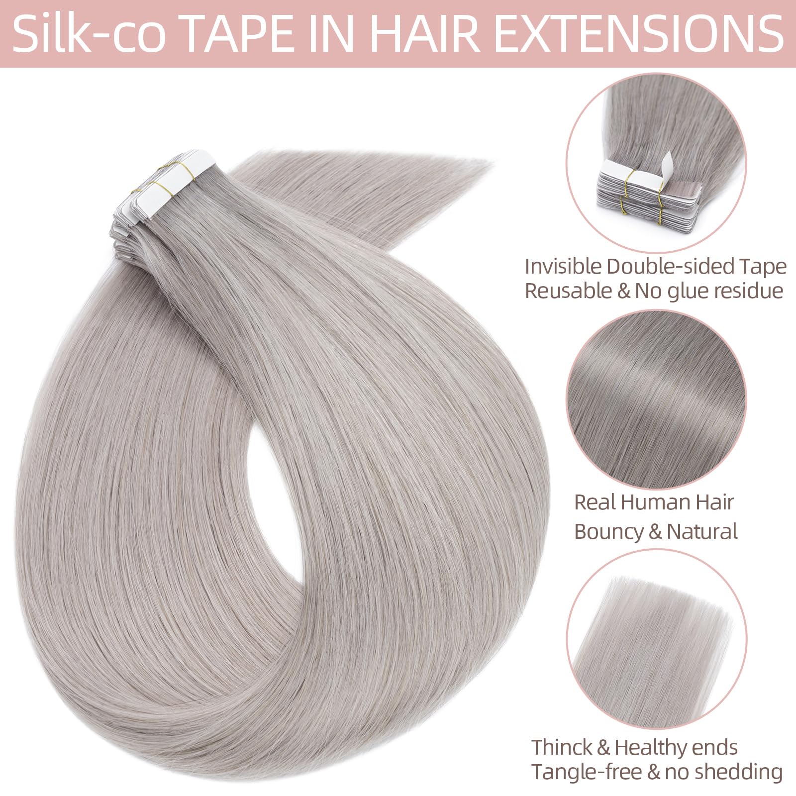 Silk-co Grey Tape in Hair Extensions Human Hair 40pcs Remy Real Hair With GlueSilky Soft Seamless Straight -Skin Weft- 40 Pcs - Image 2