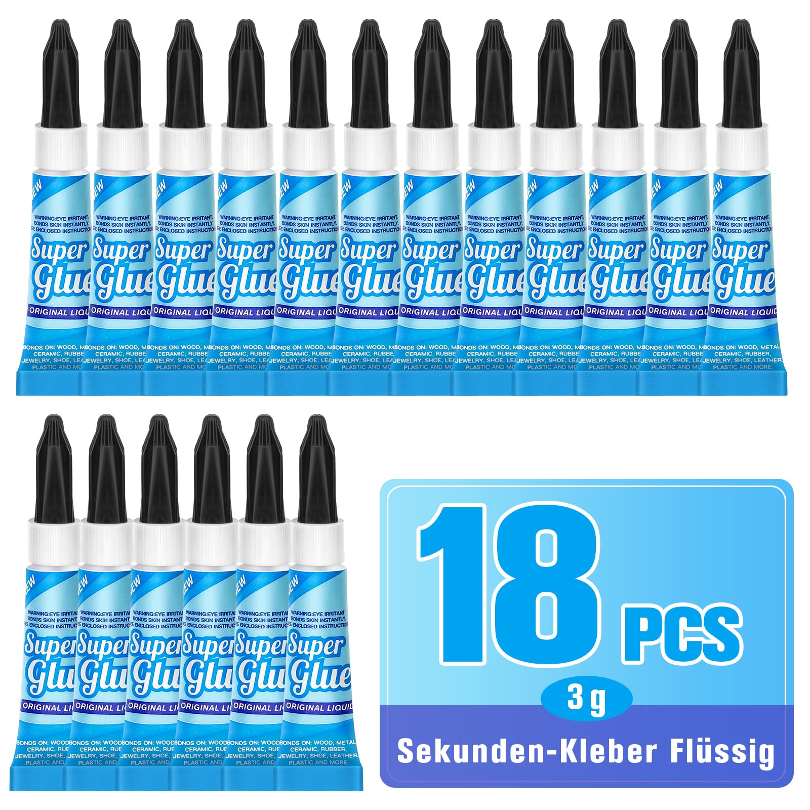 Sekundenkleber Extra Stark Flüssig – 18 × 3 g Super kleber Wasserfest, Schnell & Transparent – für Alles Holz, Keramik, Metall, Glas, Modellbau– für Reparaturen in Haushalt, Werkstatt & Bastel