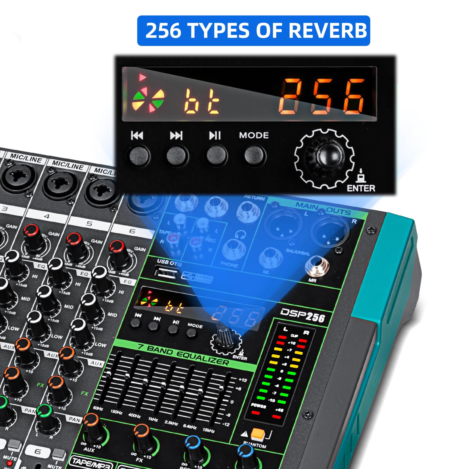 Depusheng PA6 profesjonalny mikser audio DJ, wejście 6-kanałowe, zintegrowane 256 rodzajów efektów DPS, obsługuje zasilanie fantomowe 48 V, USB, Bluetooth, nagrywanie na komputerze MP3