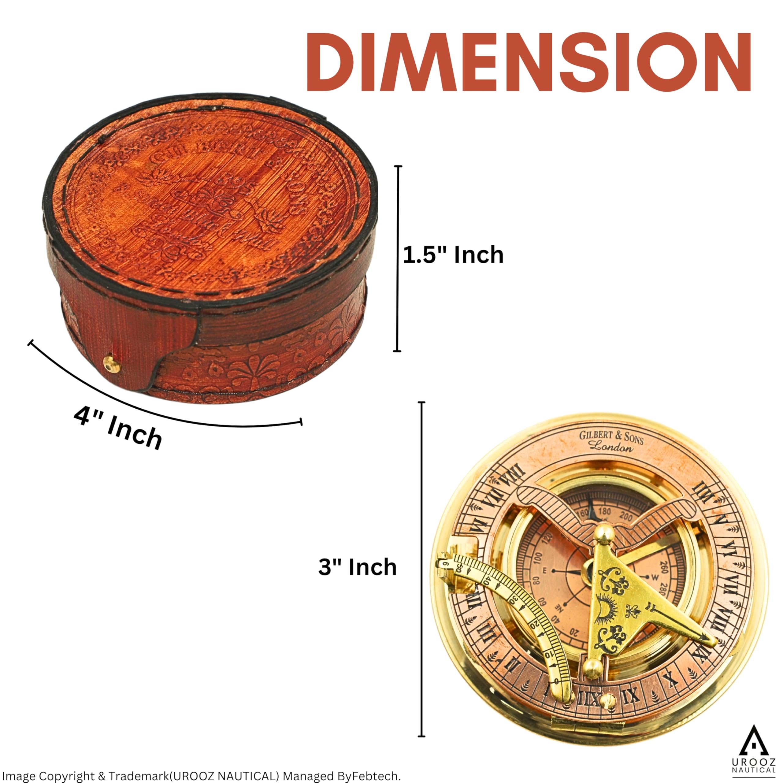 Sailor Brass Sundial Compass with Leather Case | Pocket Compass Gift Compass Rustic Vintage Home Decor Gifts | Present for Baptism, Communion, Graduation, Christian, Christmas- Mother