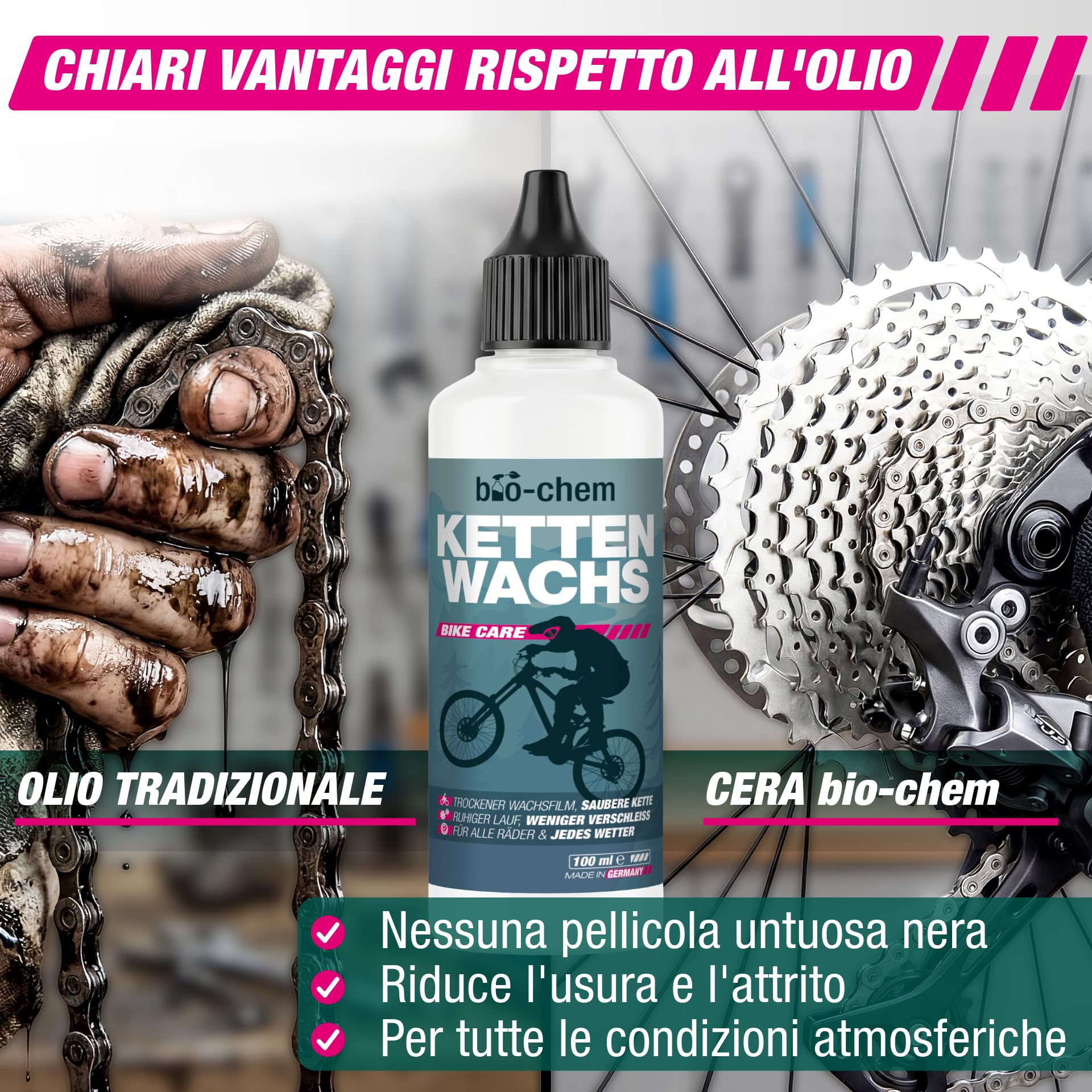 bio-chem Sistema di lubrificazione a cera per catene: 7 prodotti per bici | Sgrassante per MTB 1L - Cera liquida per catene di bici 100ml - Accessori per bicicletta shaker + panno + 3 spazzole