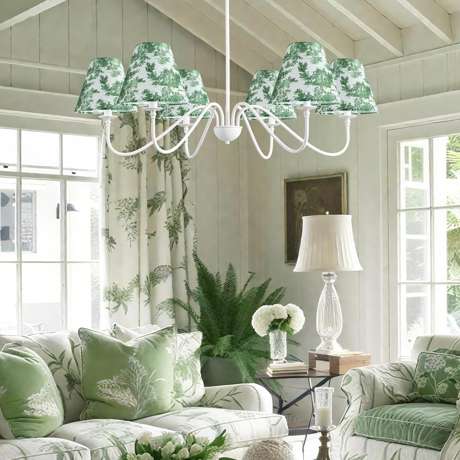 Vihose 6 Pcs Chandelier Lamp Shades Small Lamp Shade 3 Top x 6'' Bottom x 5'' Slant French Countryside Toile Clip on Lampshade for Wall Sconces Pendant Lighting(Crane and Human,Green)