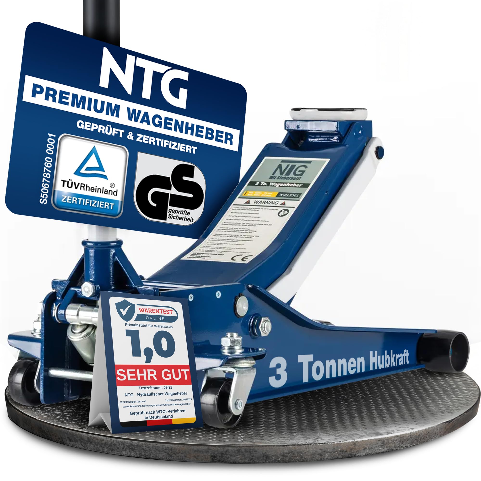 NTG HYDRAULISCHER WAGENHEBER 3T – TÜV-Zertifiziert, Flacher Wagenheber Hydraulisch mit Doppelzylinder – 75–505 mm Hubhöhe – Extra Stabiler Rangierwagenheber 3 Tonnen für PKW & SUV