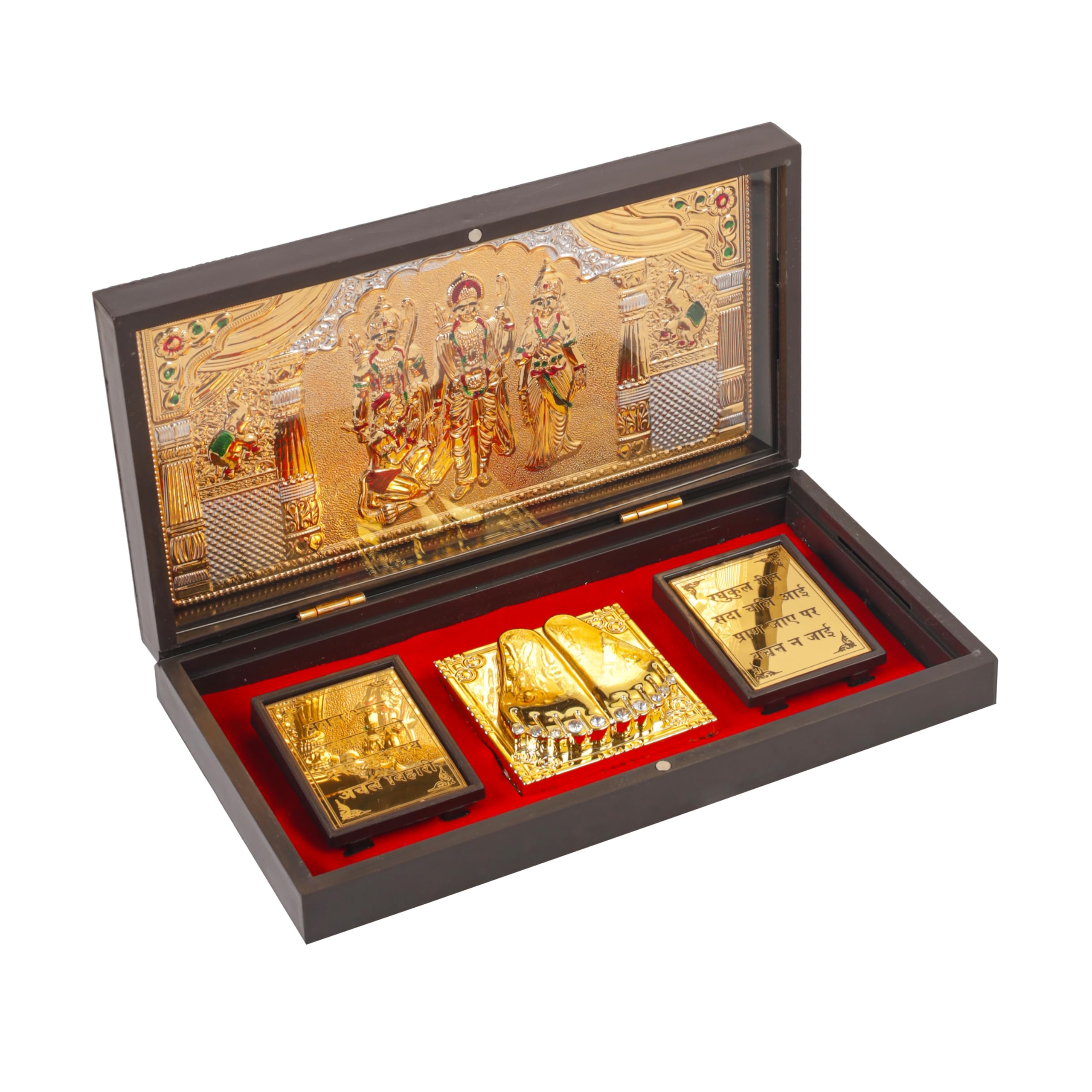 Klassic Ram Darbar Plastic Pooja Box with Hanuman Ji & Decorative Gold Plated Temple Frame | Red Velvet Base Spiritual Gift for Home Mandir, Puja Room, Office Desk, Diwali & Housewarming-image-44