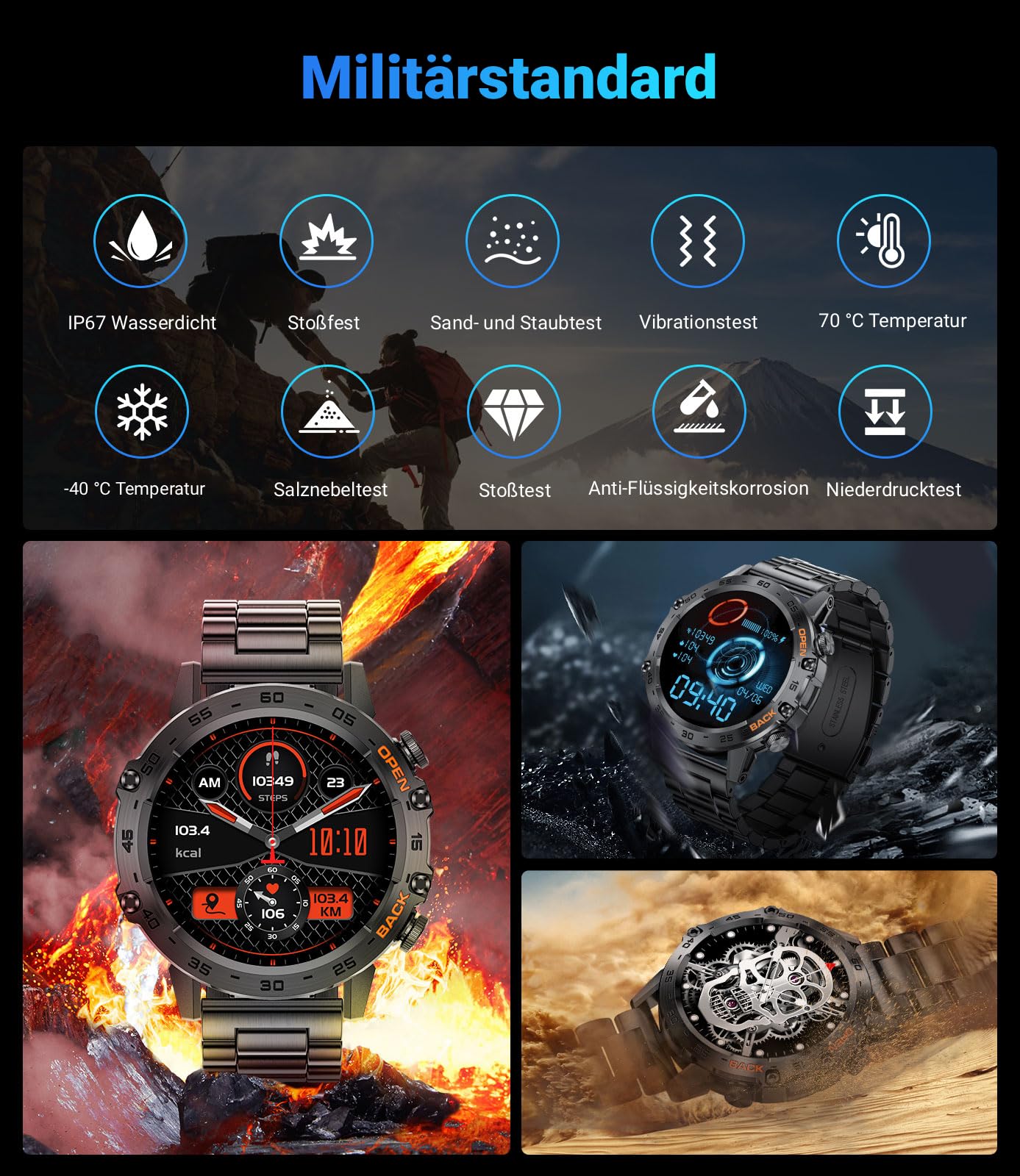 LIGE Smartwatch Herren mit Telefonfunktion, 1,39 Zoll Militär Smart Watch mit 24H Herzfrequenz, Blutdruck, Schlafdauer, 100+ Sportmodi Fitnessuhr, 300+ Zifferblätter, IP67 Wasserfest, Schwarz
