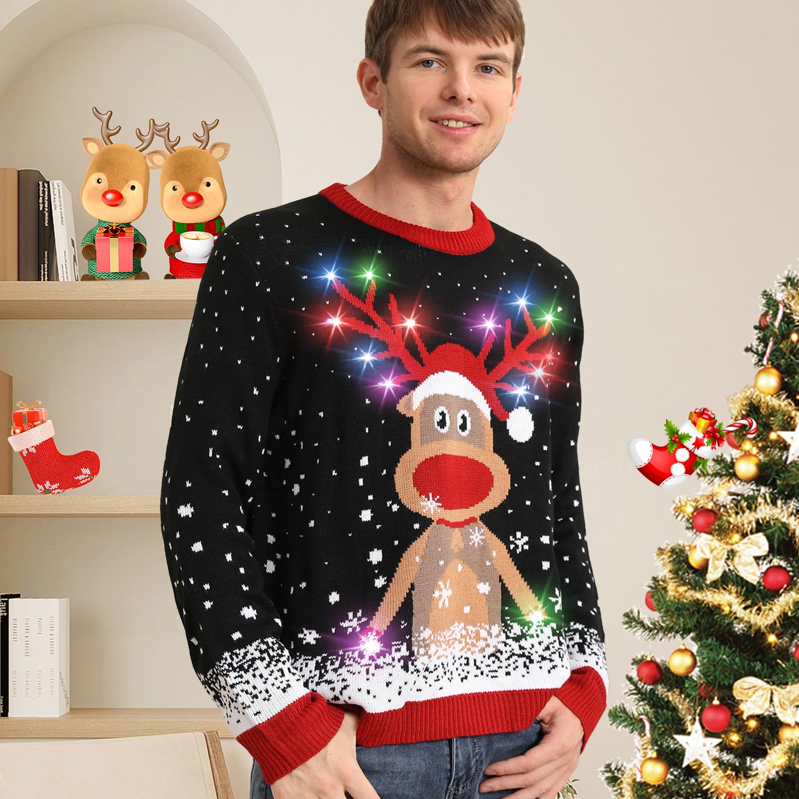 Maglione Natalizio con Luci LED, Maglioni Natalizi Famiglia Set, Brutti Maglione Natalizio Uomo Donna Ugly Christmas Sweater, Manica Lunga Maglia Natale Maglione di Natale per Coppia
