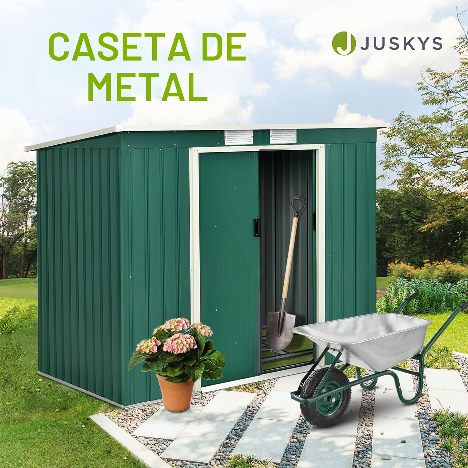 Juskys cobertizo de Metal M 4 m³ con tejado a un Agua, Puerta corredera y Bastidor de cimentación - 213 x 130 x 173 cm - Verde - Caseta para Herramientas de Acero cobertizo de jardín cobertizo