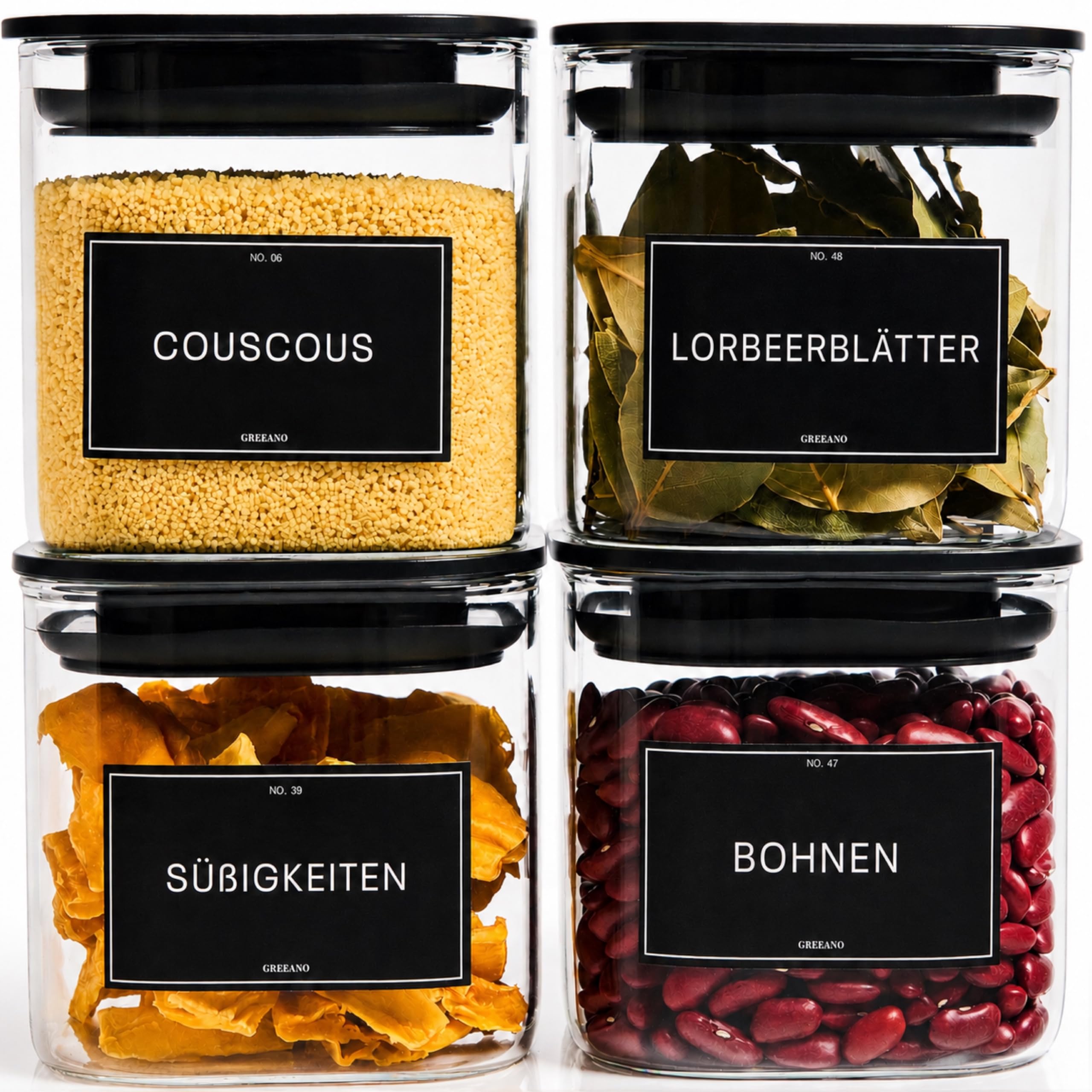 Greeano Vorratsgläser eckig mit Deckel 700ml [4er Set] – Vorratsdosen Glas luftdicht & mottensicher – Aufbewahrungsgläser Küche für Lebensmittel, Nudeln, Mehl, Müsli, Reis & mehr