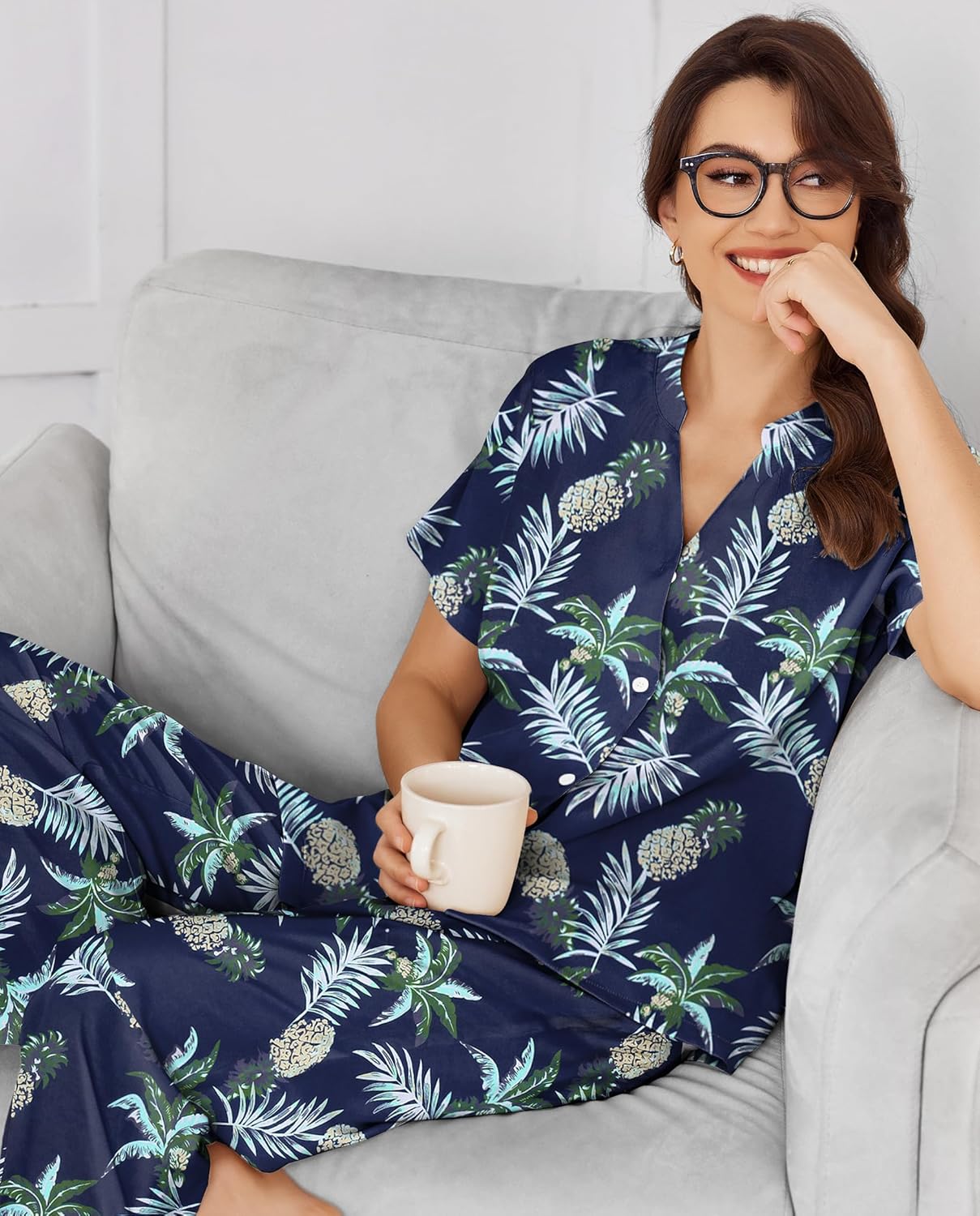 Ekouaer Women Pajamas Set Short Sleeve Button Down Sleepwear Soft Pjs Loungewear Pants Set S-XXL - Image 3