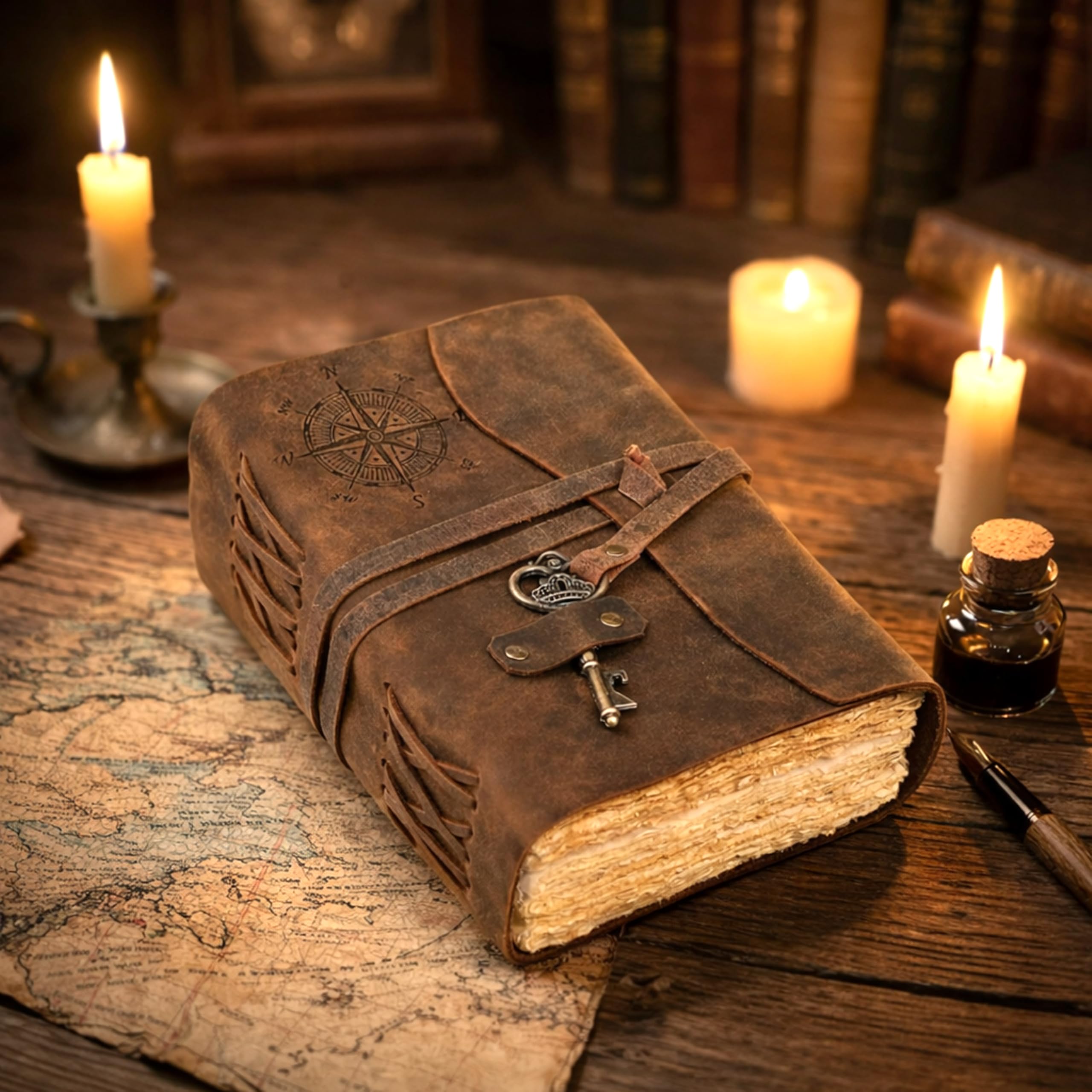 Boussole Journal vintage en cuir – Journal relié en cuir antique fait à la main avec papier à bords surélevés pour homme et femme – Carnet de croquis en cuir – Carnet de dessin – Cadeau (marron