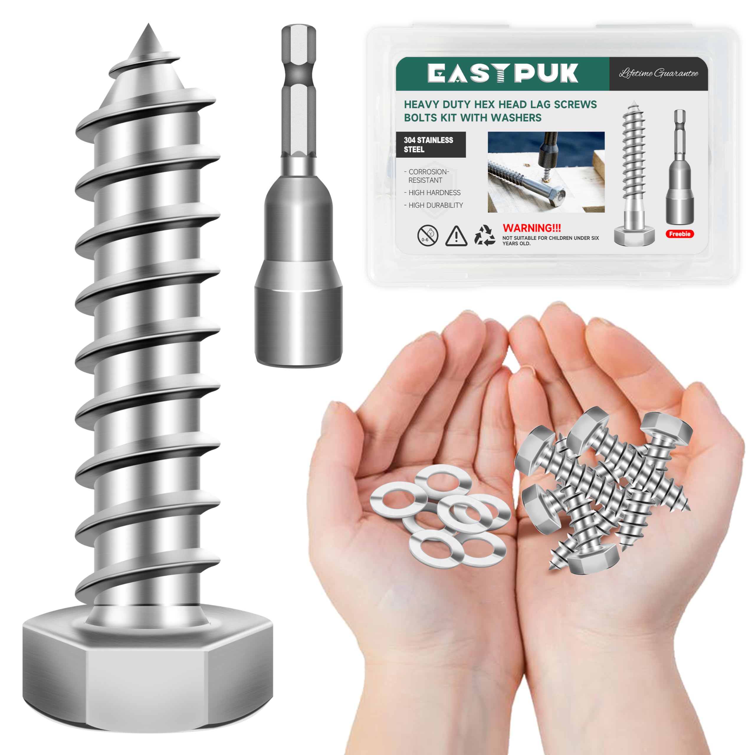 Stainless Steel Lag Screws - 8 Pack, 3/8" x 4" -8
