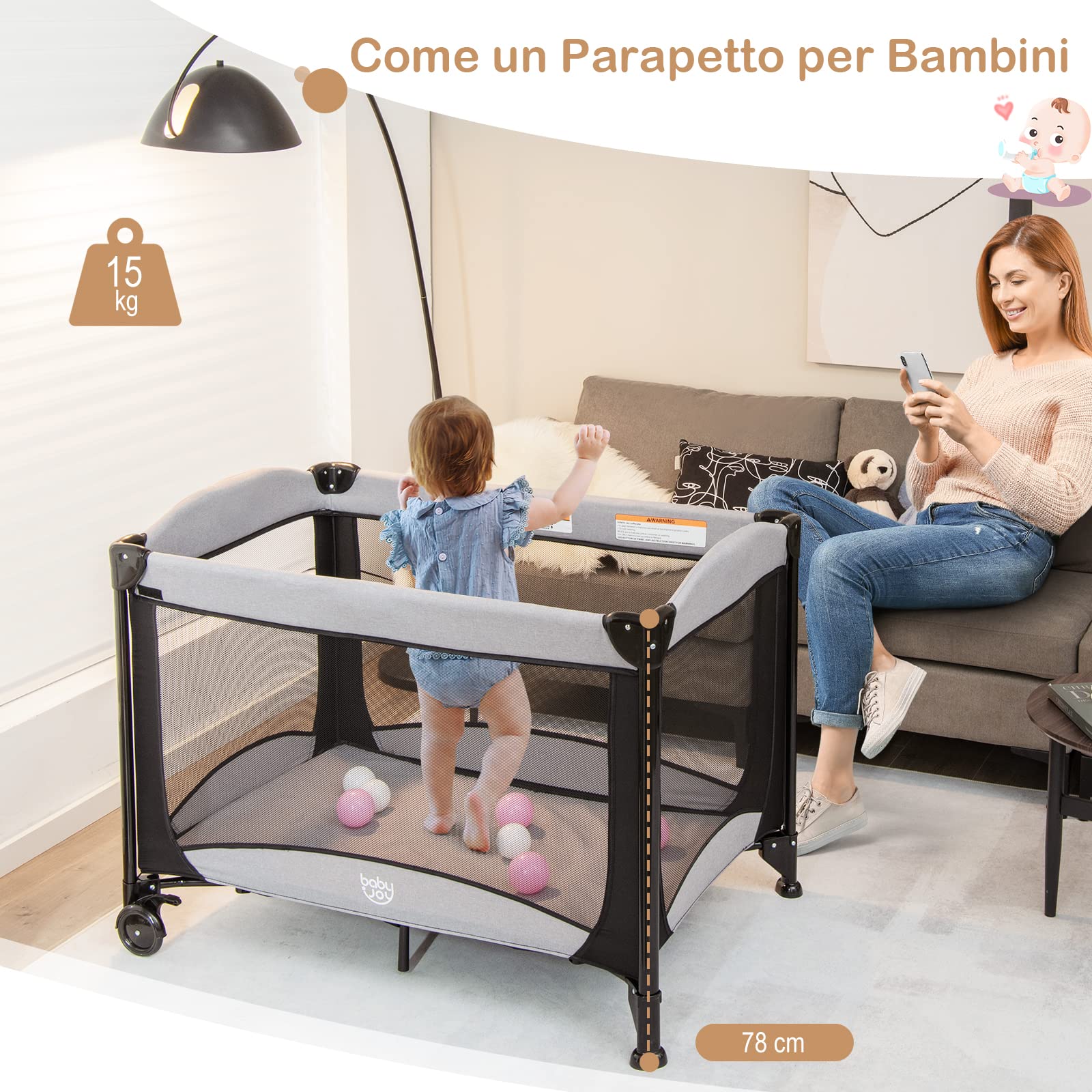 COSTWAY Lettino da Campeggio con Materasso, Lettino Pieghevole per Bambini con Fasciatoio, Culla da Viaggio con Ruote, Giocattolo, Lettino Bambini Staccabile, per Bambini 0-36 Mesi (Nero)