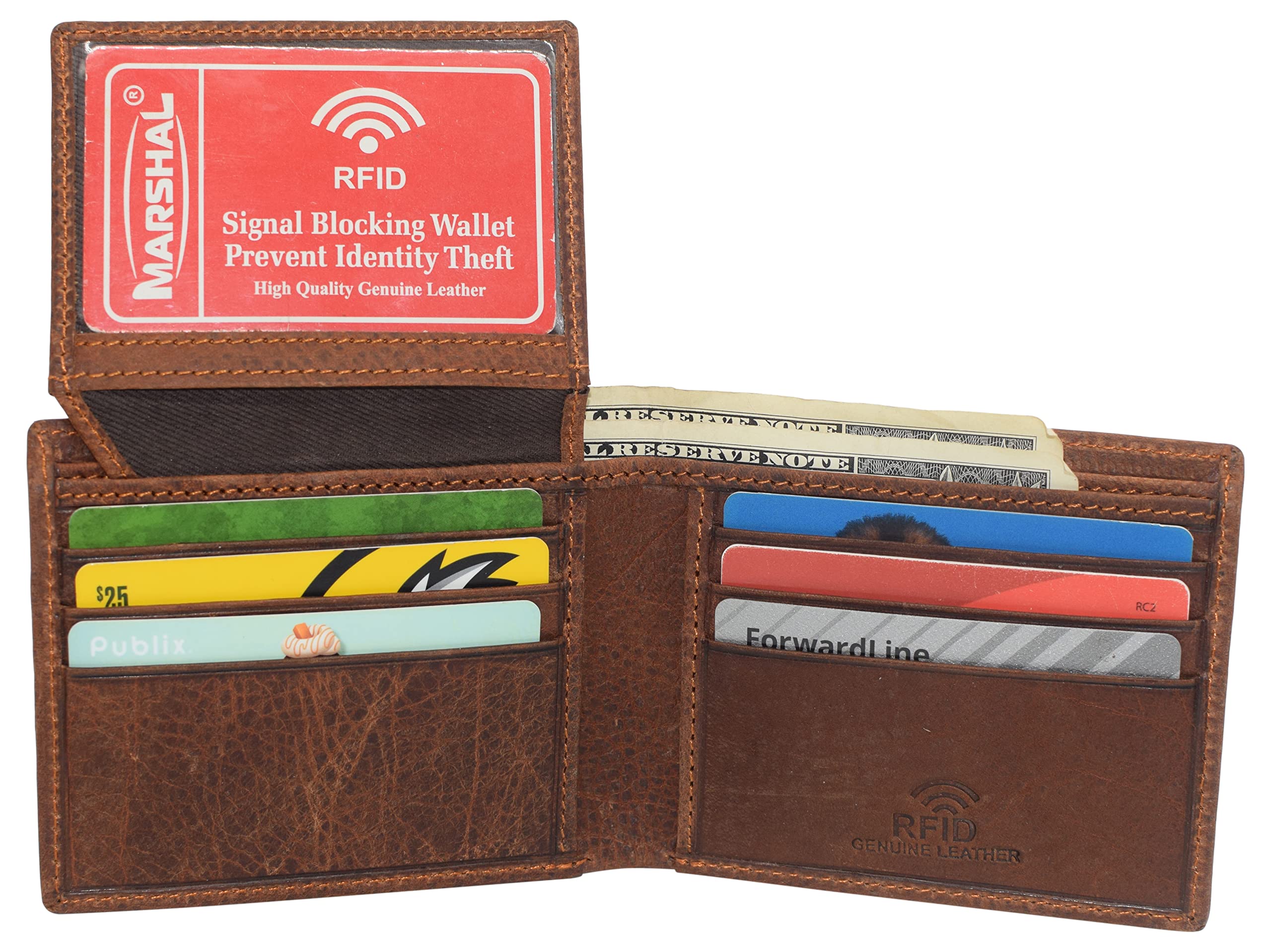 MARSHAL Real Genuine Leather RFID Blocking Wallets Mens Wallet Bifold Classic Engraved Logos (Cross)