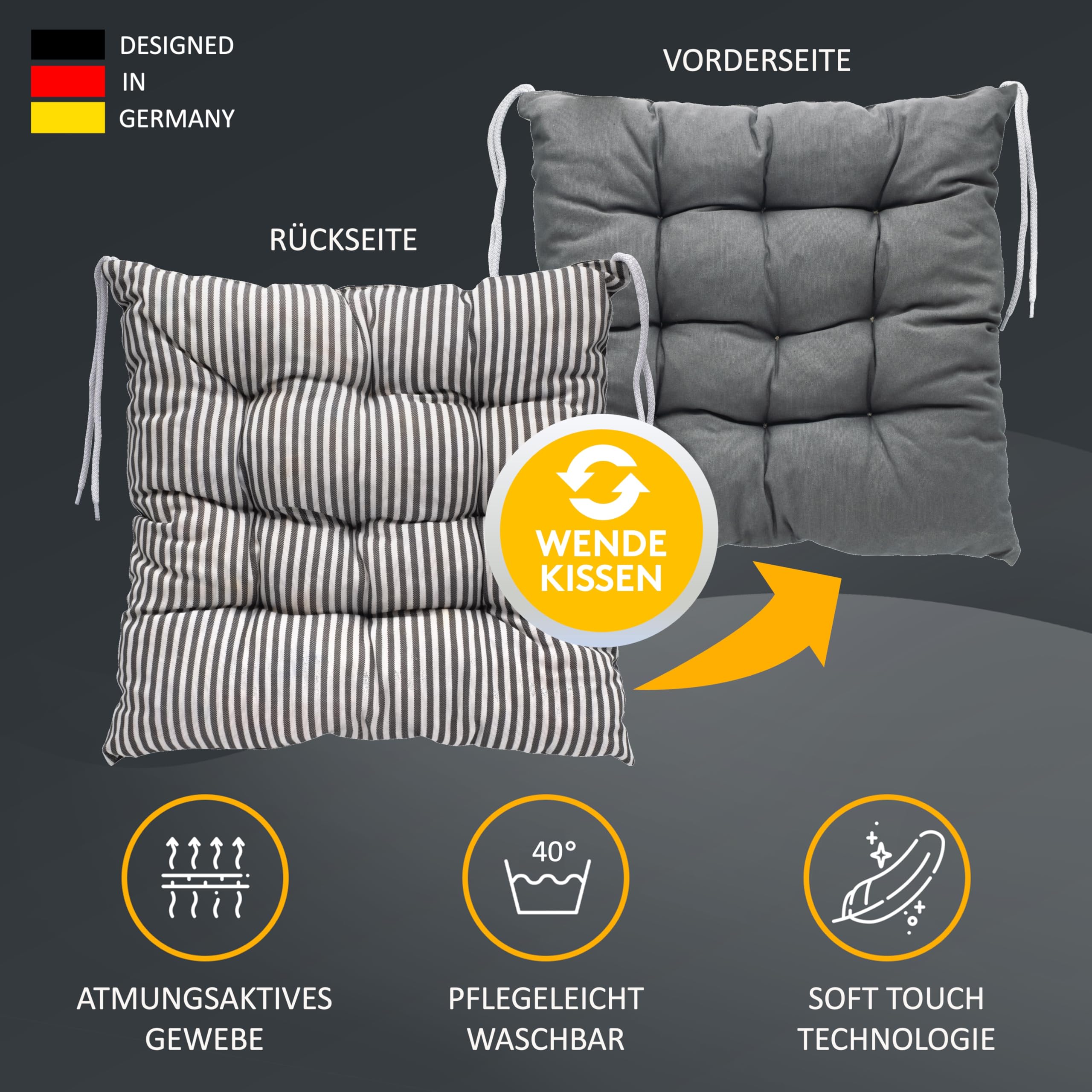 LILENO HOME 6er Set Wende Stuhlkissen Anthrazit (40x40x6 cm) - Streifen
