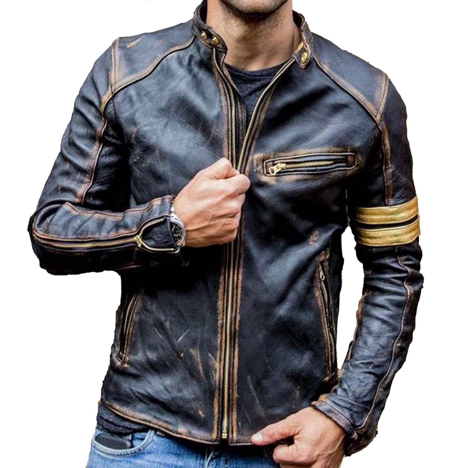 Jnriver Jaqueta masculina de couro preta para motociclista, vintage, café, corredor, pele de cordeiro, preta, masculina