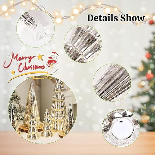 Miniatura 2 de Juego de 6 árboles de Navidad de vidrio de mercurio con luces de 13.8 pulgadas, 7.87 pulgadas, 5.9 pulgadas, pequeños centros de mesa de Navidad,