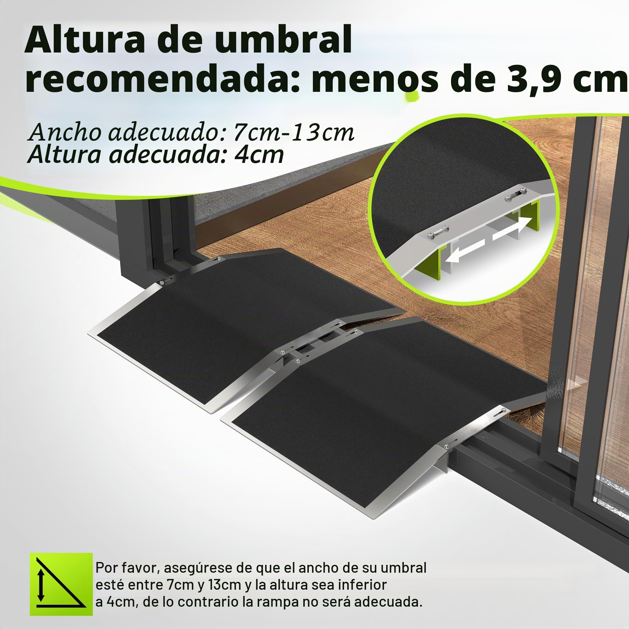 2 piezas de rampa para umbrales de puerta – 30 cm × 4 cm – Rampa de umbral ajustable para puertas de 7–13 cm de ancho – Rampa antideslizante de aluminio para sillas de ruedas para casa, puertas