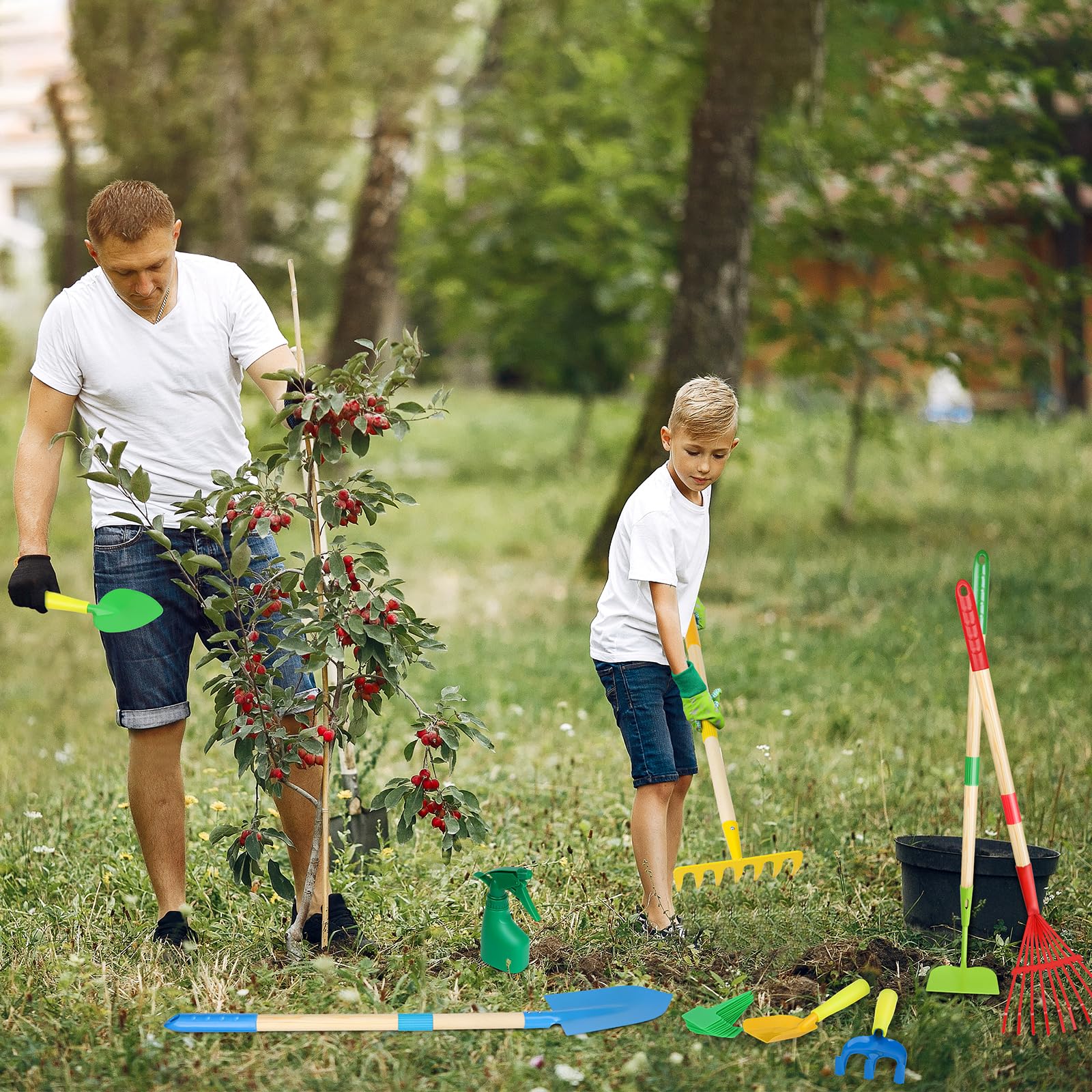 Magic4U Kids Gardening Tools Set, 22 Pcs Metal Garden Tools Toys with Apron, Gloves, Wood Handle Shovel, Rake, Hoe and Leaf Rake, Outdoor Digging Toys Gifts for Kids Age 3+ - Image 7