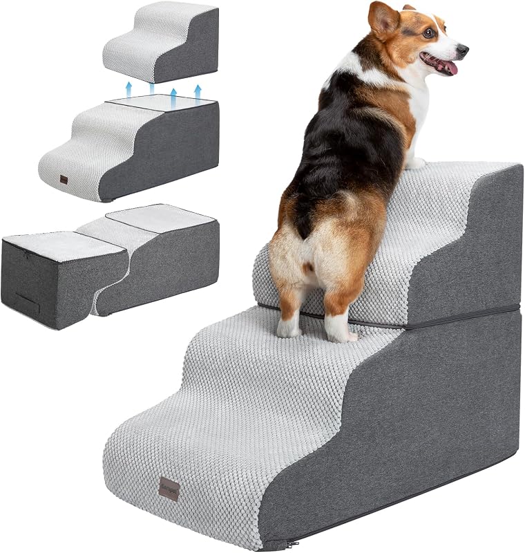 Escada para Gatos e Cães Pequenos Garnpet com 4 Degraus, Dobrável e com Capa Lavável, Cinza-claro