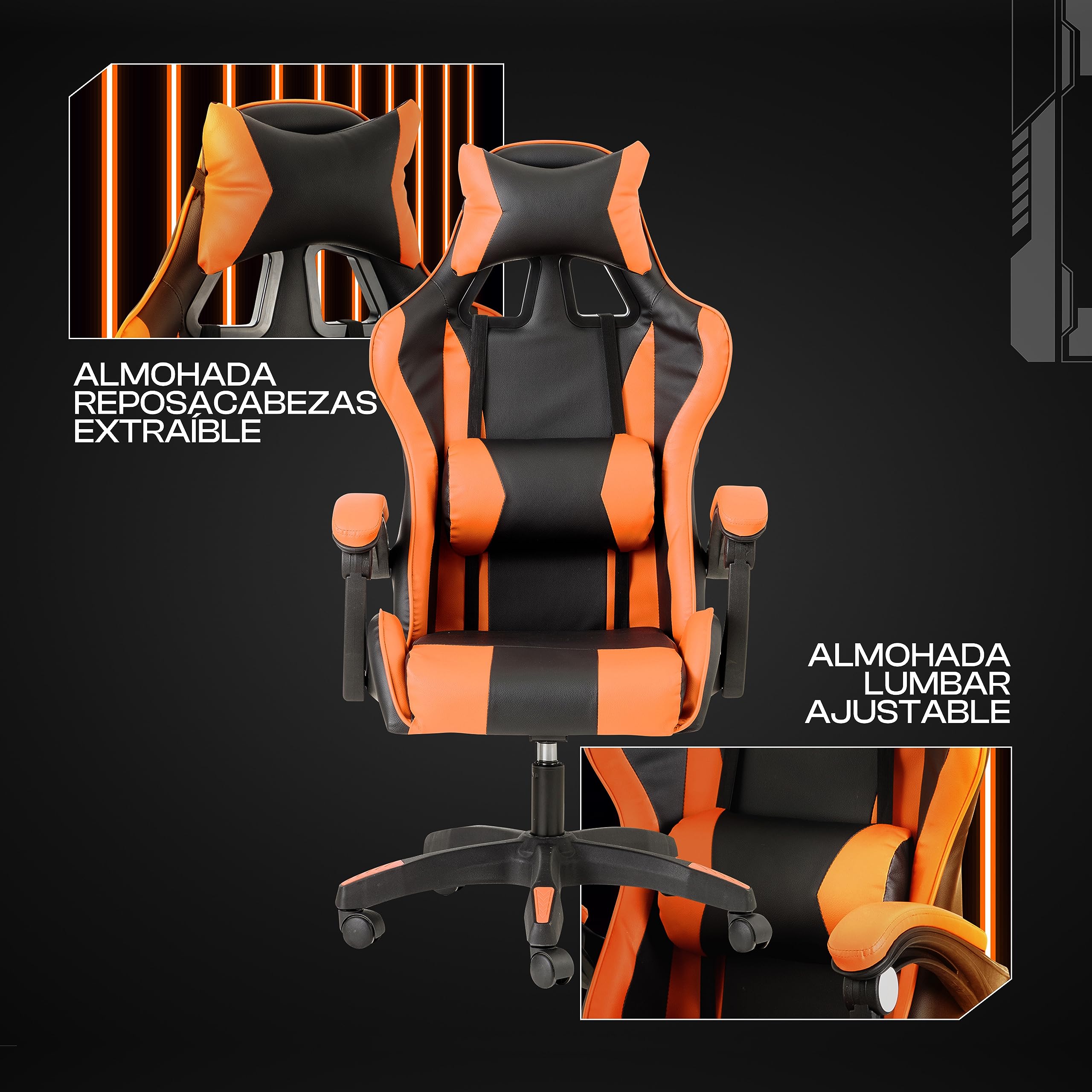 Baroni Home Silla De Gaming, Silla Ergonómica de Oficina con Respaldo Regulable de 90° a 120°, con Reposacabezas, reposabrazos y Soporte Lumbar. Rotación omnidireccional de 360° (Naranja)