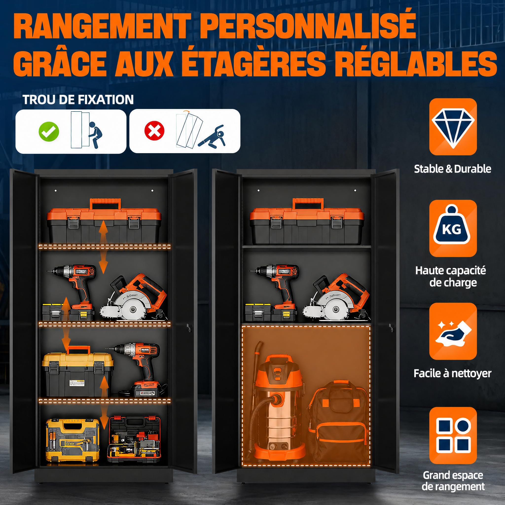 Meuble de Rangement Bureau, Armoire Métallique, Armoire a Outils, Etageres Reglables, en Acier, Placard, Doubles Portes, pour Garage, Bureau,Cuisine, Atelier, 40 x 80 x 180 cm, Noir
