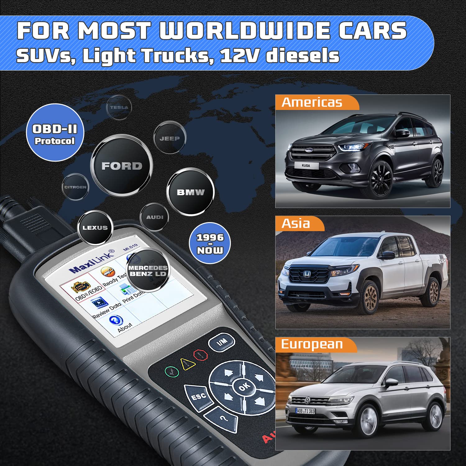 Autel MaxiLink ML519 OBD2 Diagnósticos Coche Lector de Códigos grey EOBD/Can Escáner Soporta los 10 Modos de OBDII con Modo Mejorado 6 - Versión Mejorada de Al319