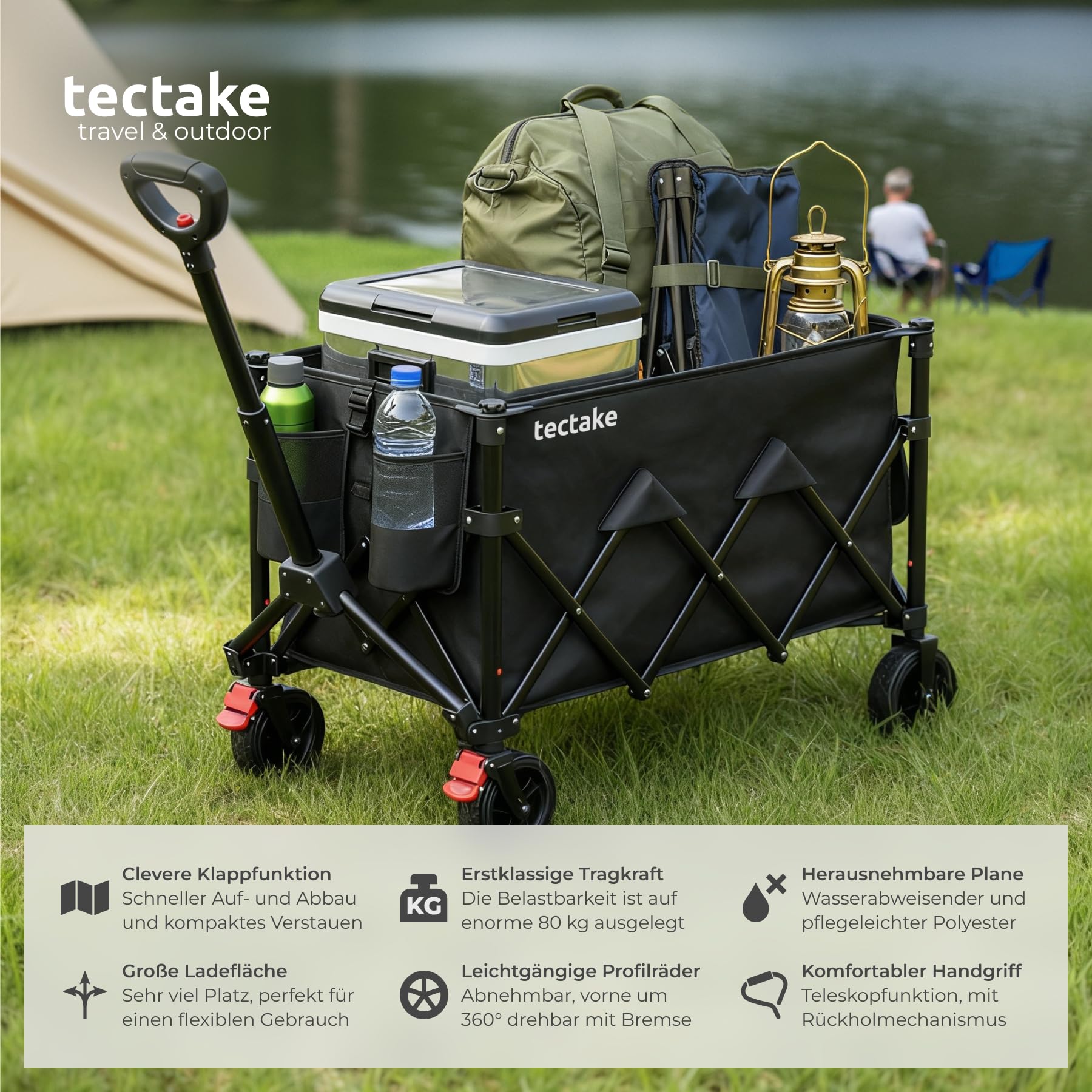 tectake® Bollerwagen faltbar, Transportwagen klappbar, Transporter mit Teleskopgriff und Rückholmechanismus, Profil Kunststoffräder mit Bremse, mit Plane und Einlegebogen, Belastbarkeit 80 kg - 120 L
