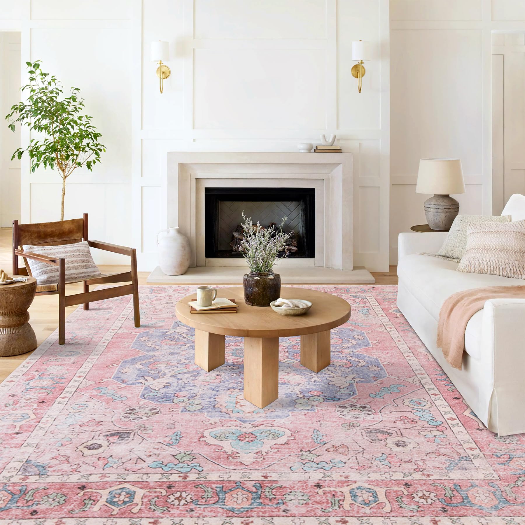 Area Rugs 8x10 - Honeycomb Non Slip Living Room Rug Washable Rug Vintage Medallion Foldable Bedroom Rug for Nursery Room Dorm Kids Playroom(Ocean/Pink)