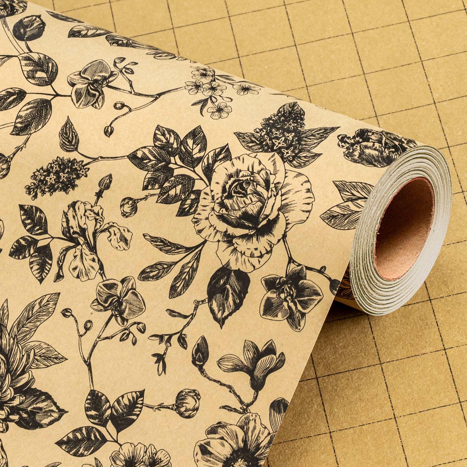 Wikadlik Flower Kraft Wrapping Paper, 43cm x 10m Elegant Black Rose Bloom Gift Wrap Paper for Birthday, Baby Shower, Mother's Day, Wedding, Valentine's Day — image 1