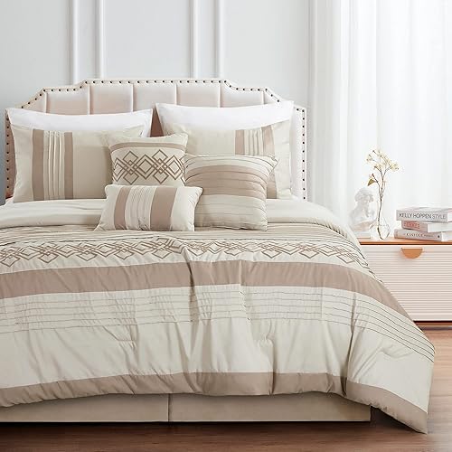 Miniatura 2 de Chezmoi Collection Ariel - Juego de ropa de cama de 7 piezas con bordado geométrico de chenilla, plisado a rayas, tamaño matrimonial