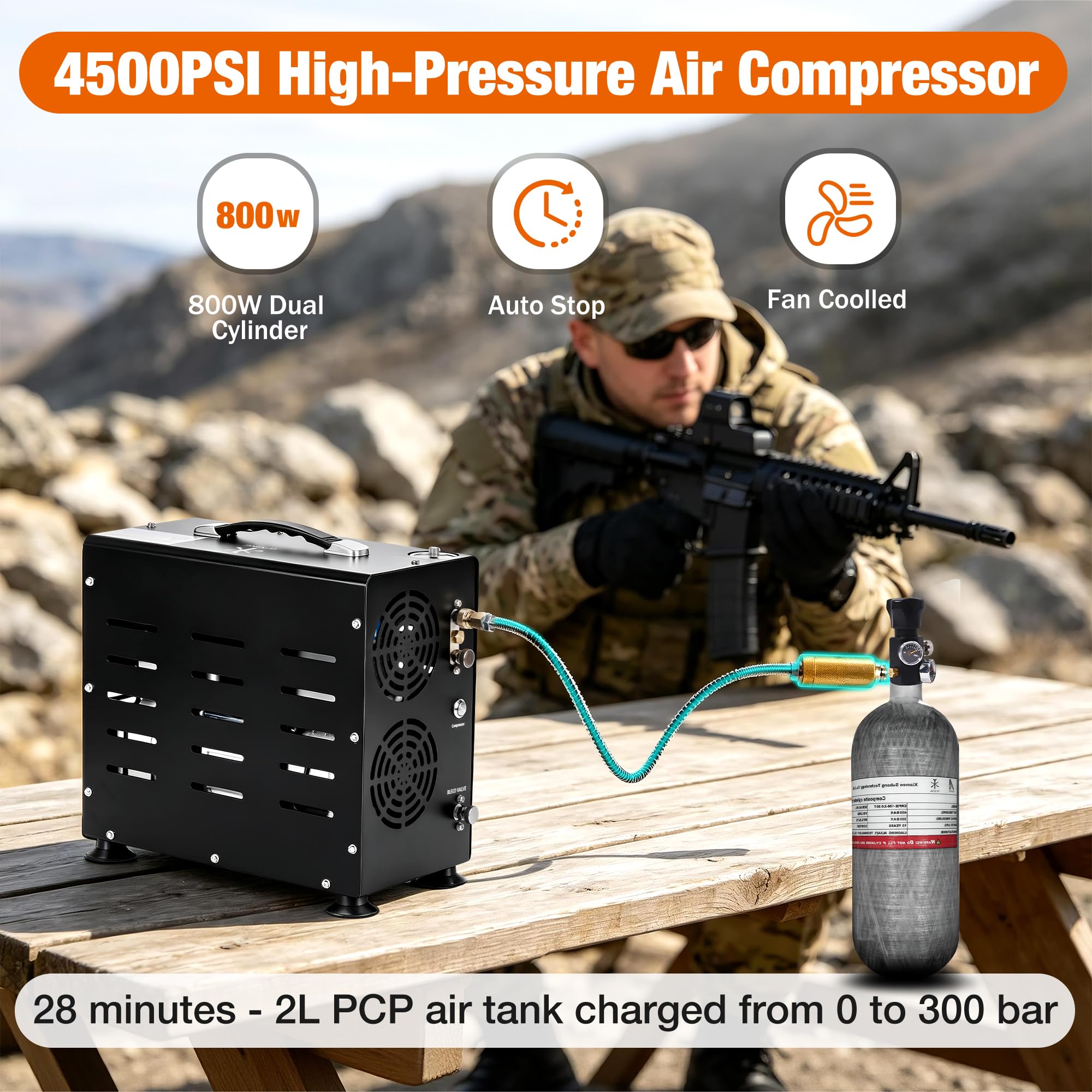 TUXING Sprężarka powietrza PCP 4500 PSI 30 MPa 800 W podwójnym cylindrem automatyczne zatrzymanie