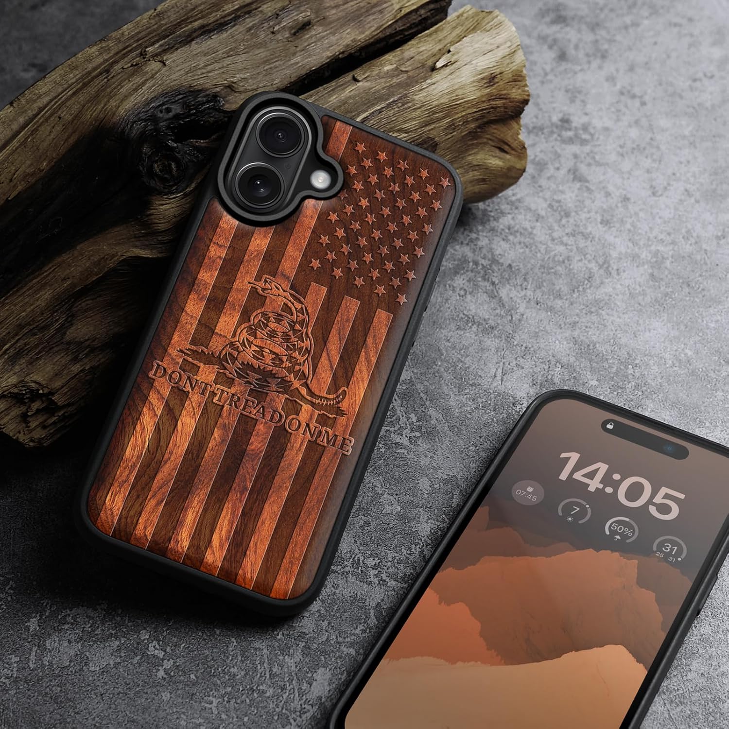 Carveit Magnetic Wooden Case for iPhone 16 Case, Wood Artisan Engraved & Black Soft TPU Shockproof Cover, Compatible with MagSafe Wireless Chargers (Gadsden and American Flag) Rosy - Image 4