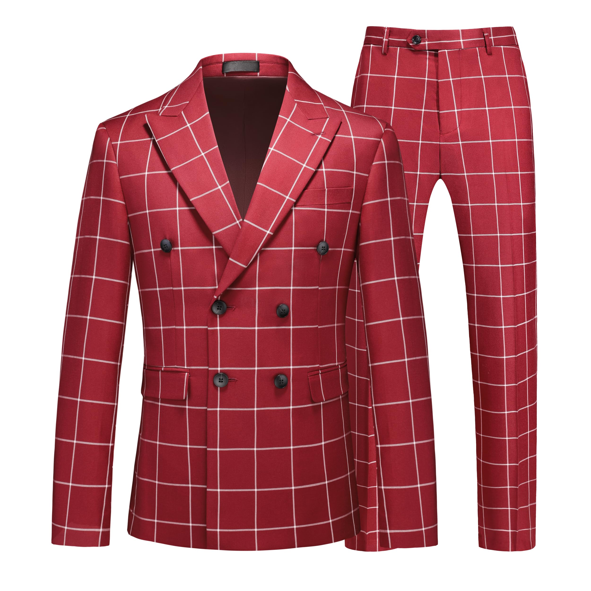 MOGU Men's Plaid Tuxedo Suit - Double Breasted 2-Piece Checkered Set with Suit Jacket and Pants for Prom and Wedding, Burgundy, 32