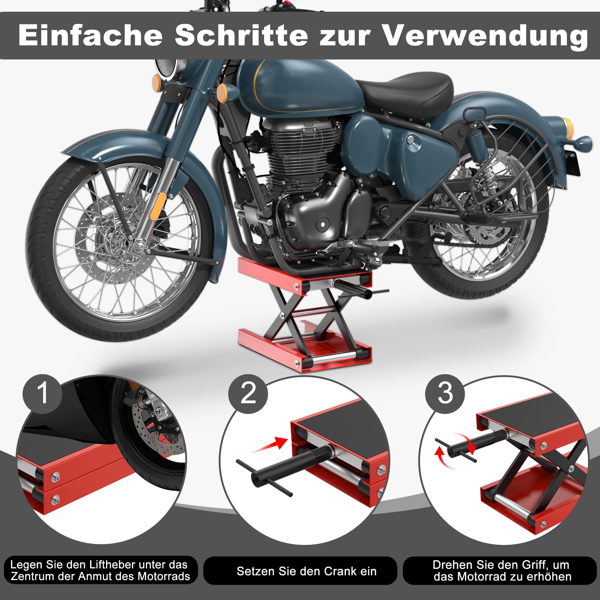 XMTECH Podnośnik do motocykli, 500 kg, podnośnik nożycowy z regulacją wysokości 95-340 mm, z szerokim pokładem i korbą, stojak środkowy do naprawy i konserwacji motocykli, wytrzymały i wytrzymały