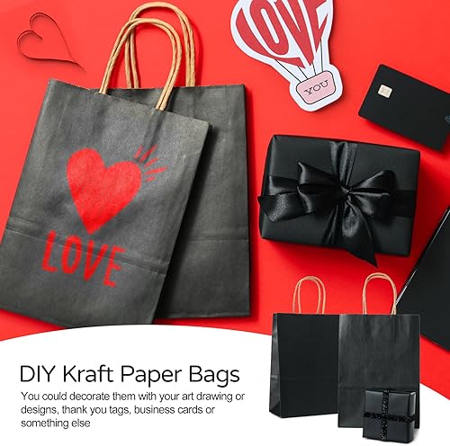 Miniatura 5 de PakTalk Paquete de 50 bolsas de regalo de 8 x 4.25 x 10.5 pulgadas, bolsas de papel negras medianas con asas para almuerzo, compras, pequeñas